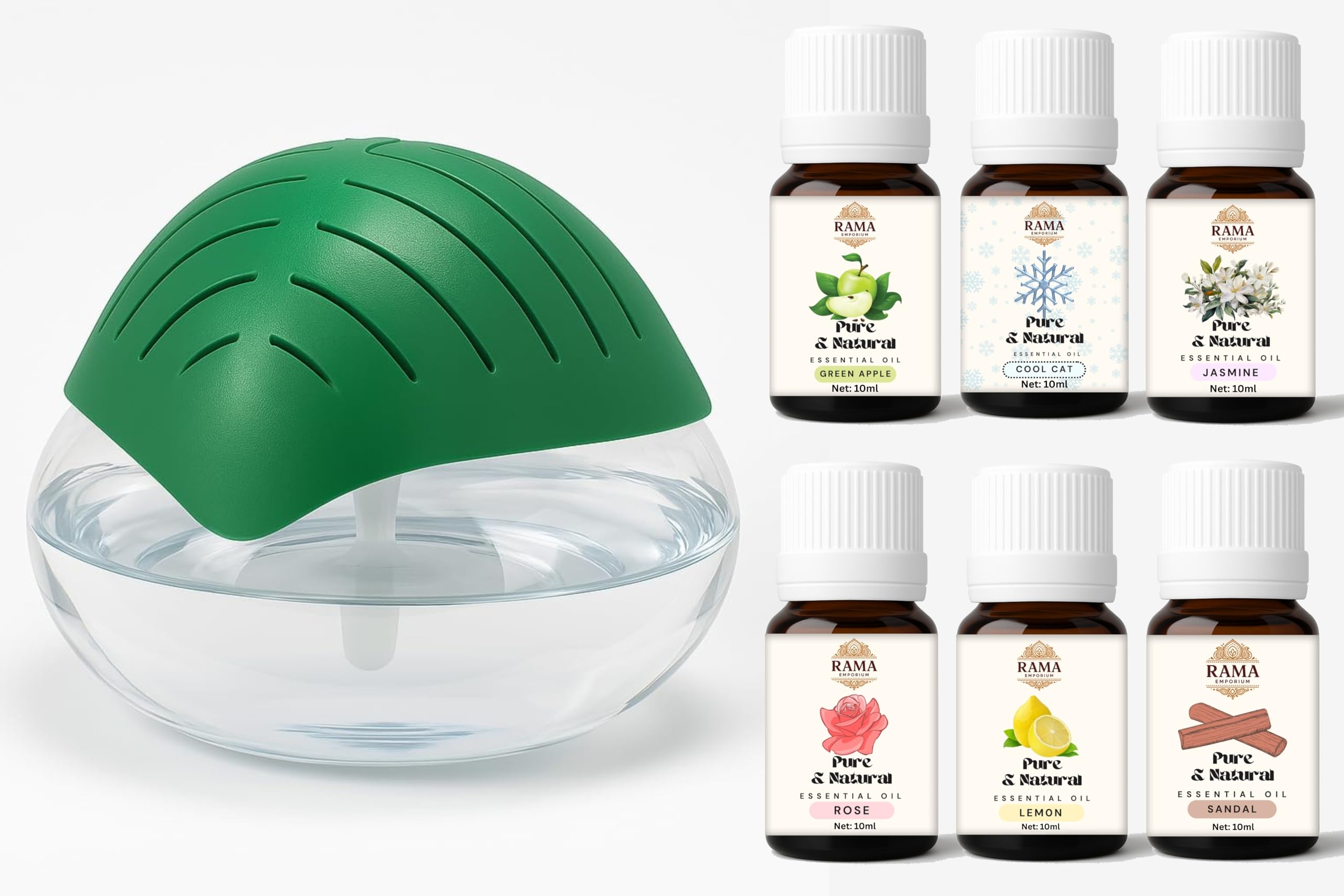 Rama Emporium Air Diffuser & 5 Essential Oil Set with 500ml Purifier with Bonus Storage Box (Green Apple, Sandal, Rose, Jasmine, Lemon – Fragrance Oils, Essential Oil (Green with Fragrance Oil)
