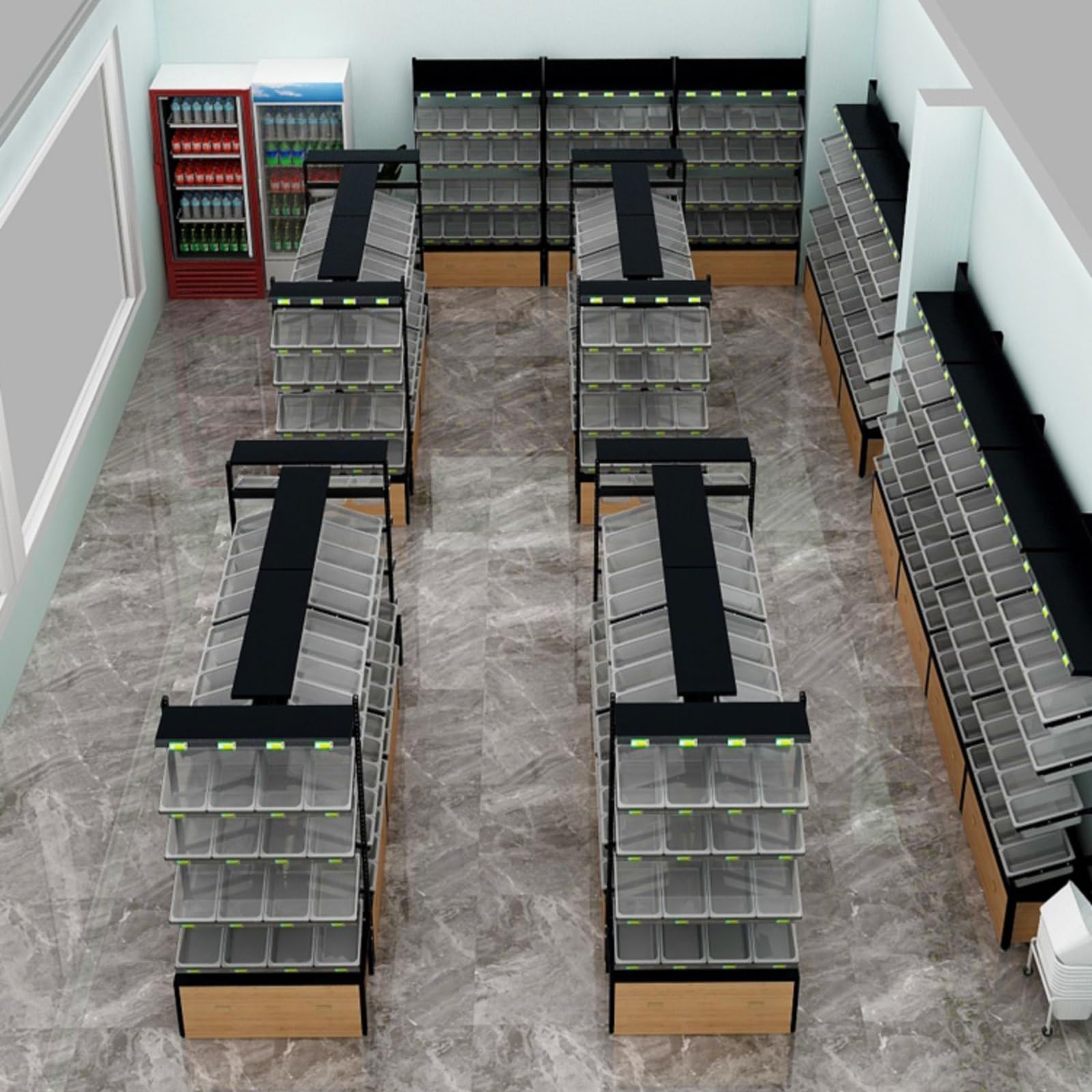 MZZKFC 4-Tiers Retail Stores Snack Rack with 16 Plastic Boxes, Large Capacity Supermarket Shelf, Food Display Shelf for Convenience Store/Countertop Retail