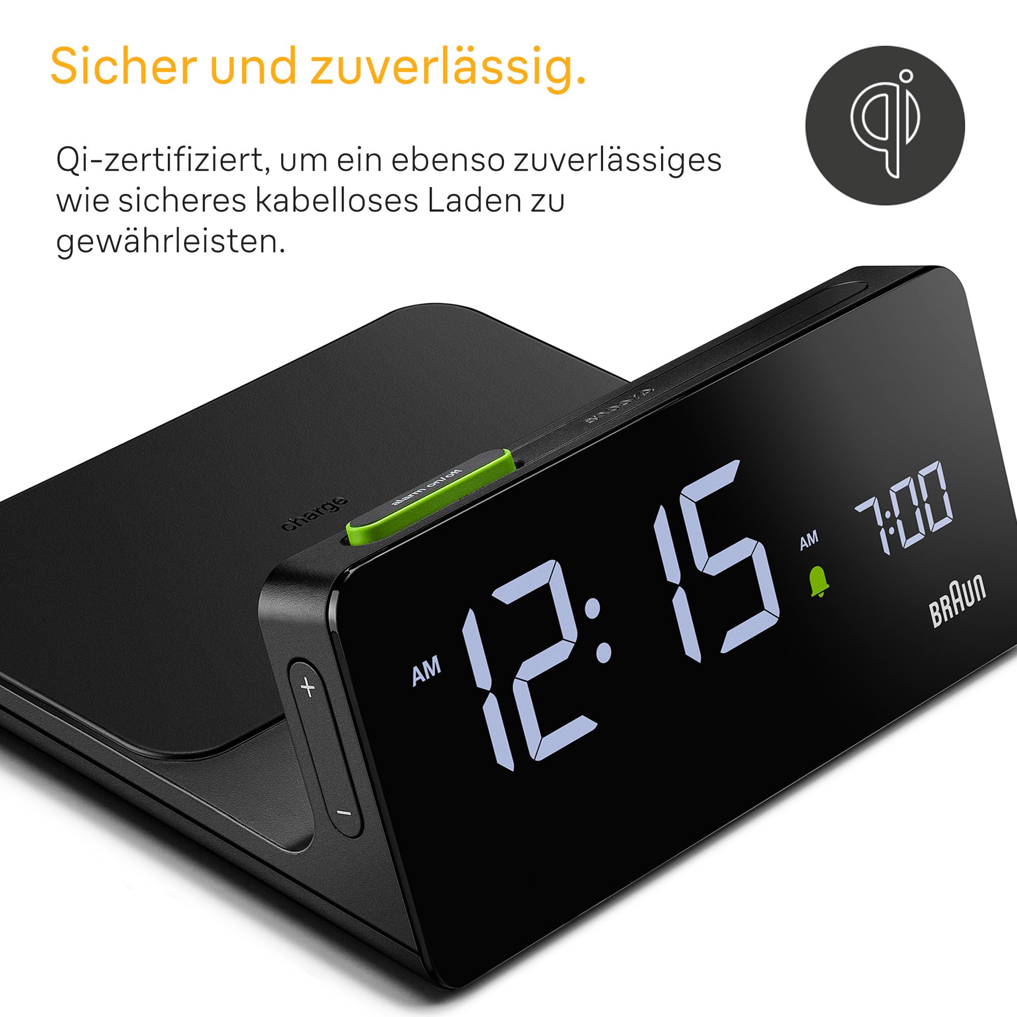 Braun Digitaler Wecker mit VA-LCD-Display, kabelloses 10W Qi-Schnellladepad, automatische Einstellung der Hintergrundbeleuchtung, Schnellschaltung, Pieptonwecker in Schwarz, Modell BC21B.