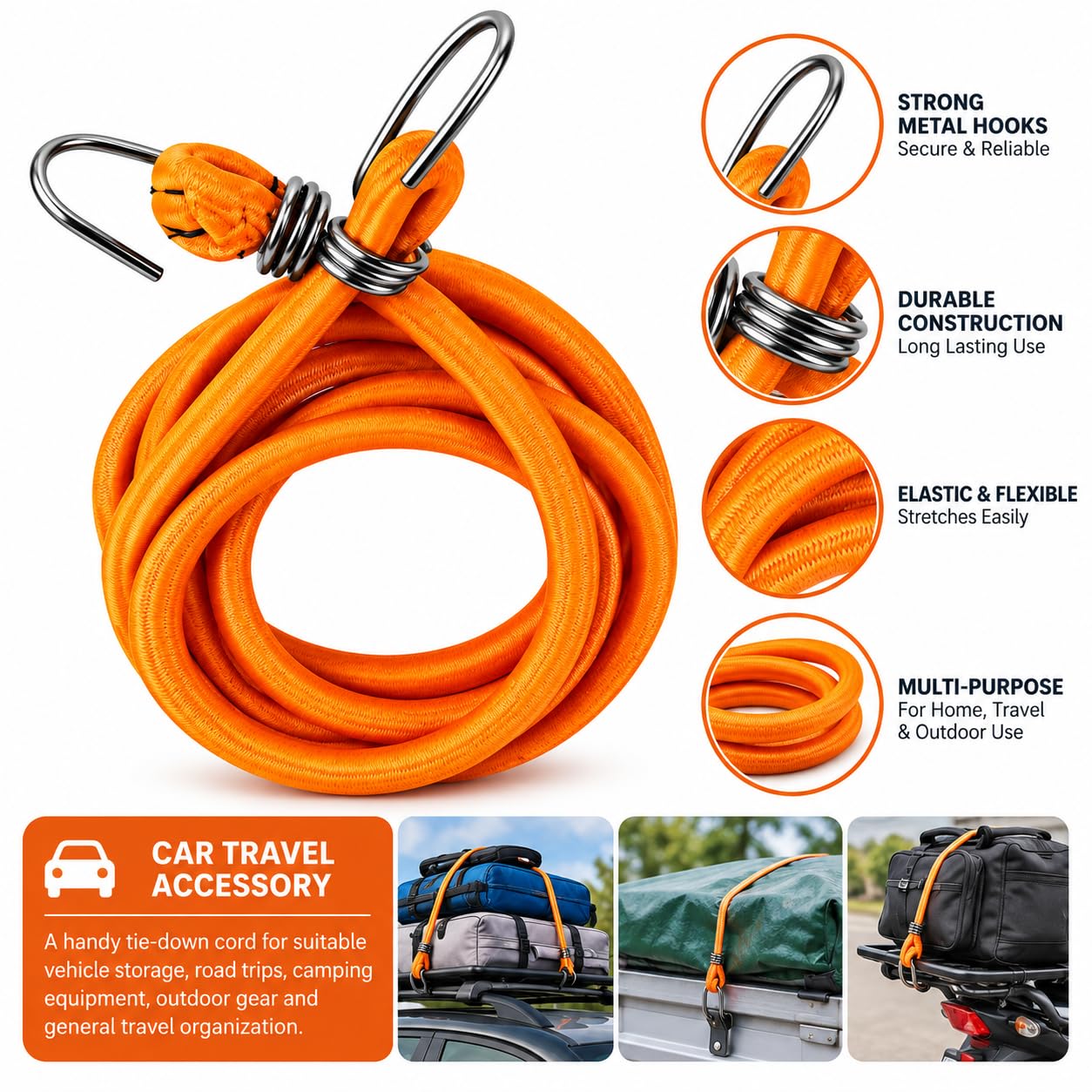 Gellon Bungee Cord, 6 Feet Stretchable Elastic Rope with Hooks, Extends Up to 9 Feet, Luggage Tying Rope for Bike, Car, Travel & Utility Pack of 1 — Amazon image 6