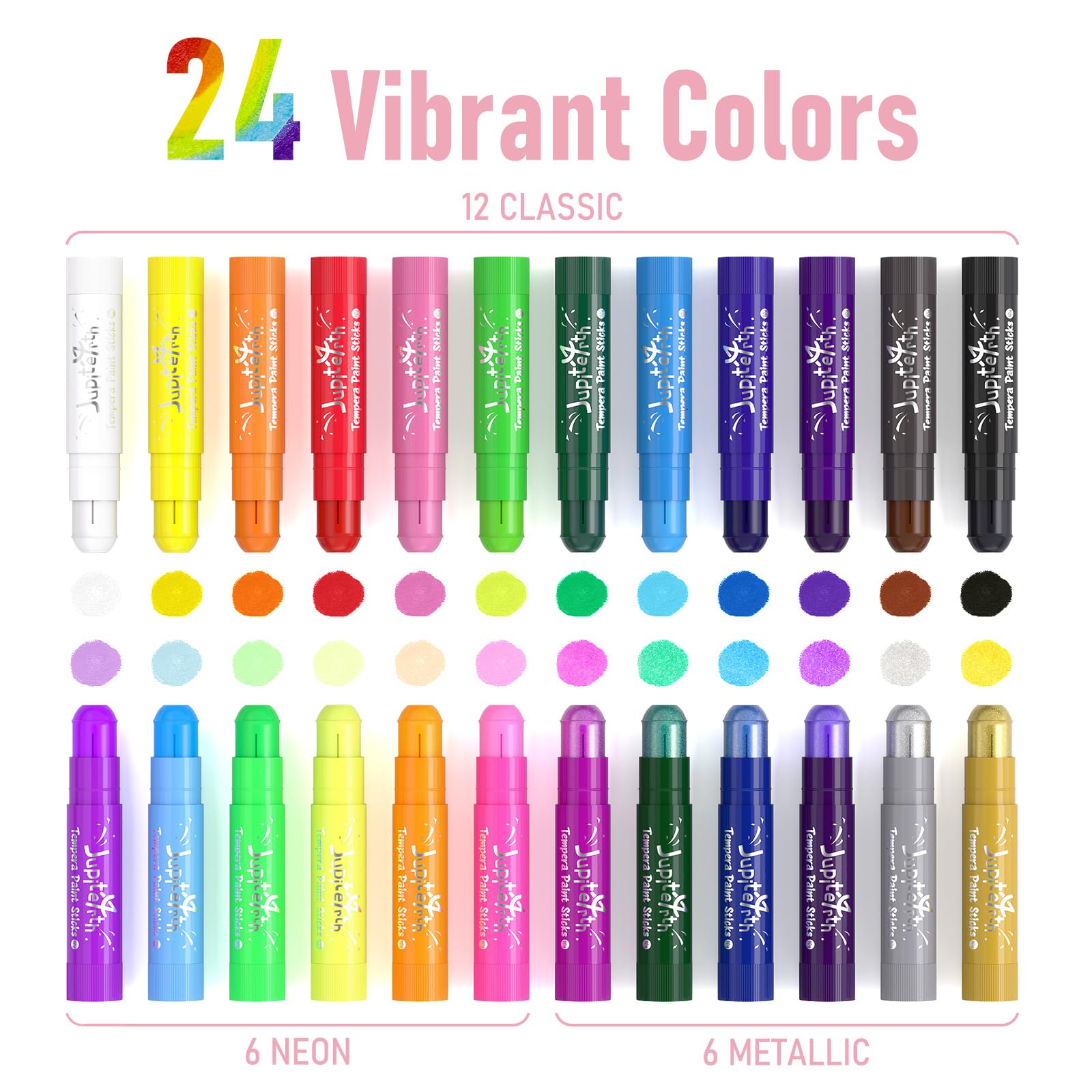 JUPITEARTH Bâtons de peinture à tempera 24 couleurs avec 120 pages coloriage PDF et 30 autocollants, peinture séchage rapide non toxique lavable pour enfants