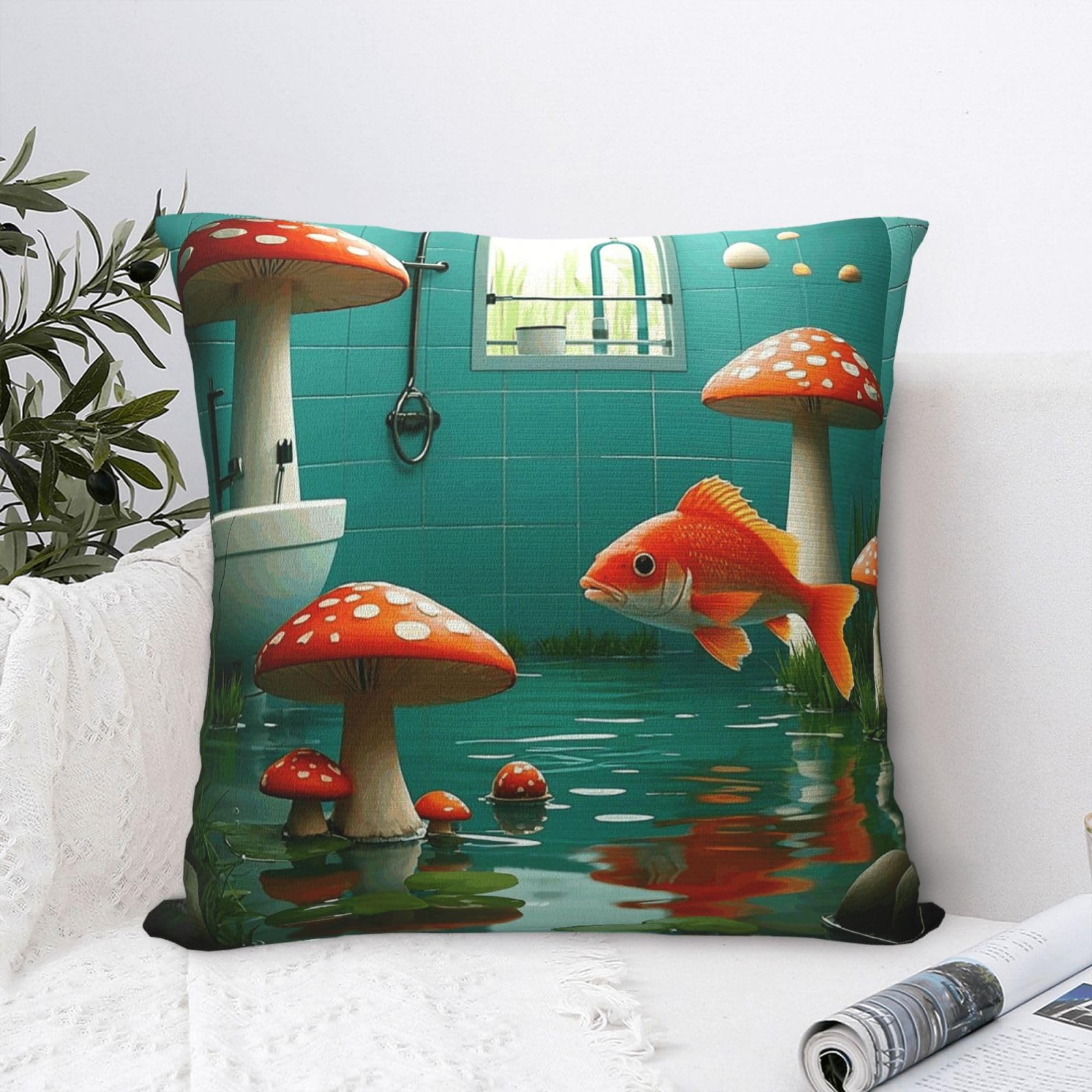 Luxury Velvet Throw Pillow Covers 18"x18" Super Soft Decorative Pillow Cases - Redfish and Mushroom Fantasy River Belt Ponds Pillowcases Modern Lumbar Cushion Cases for Couch Sofa Bed Pillow Shams