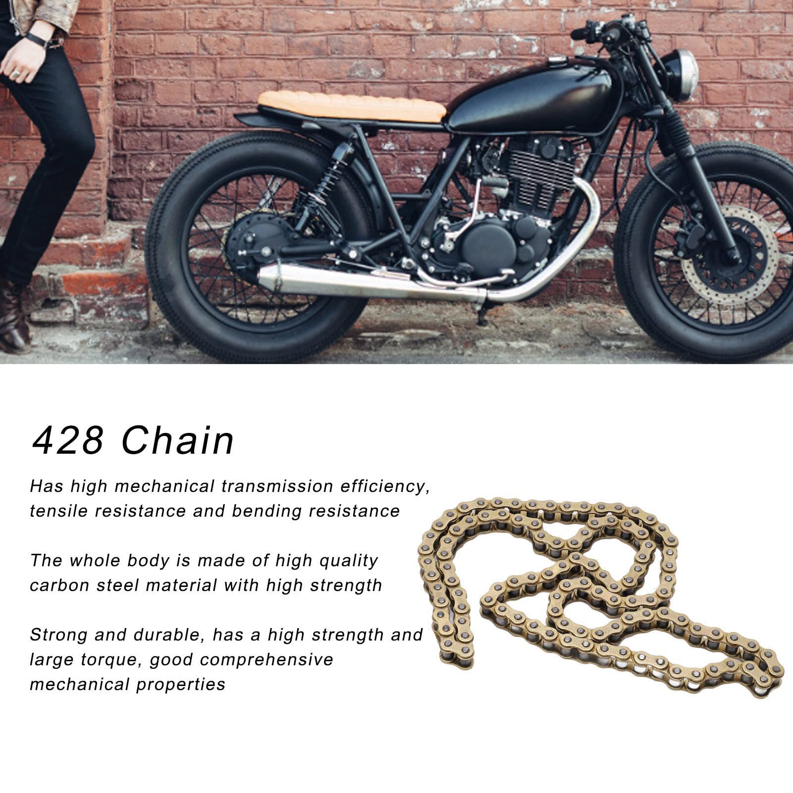Buachois Cadena de Transmisión de Motocicleta 428, Cadena de Motocicleta de Acero Al Carbono Dorado de 104 Eslabones para Actualización de Reparación de Motocicleta ATV
