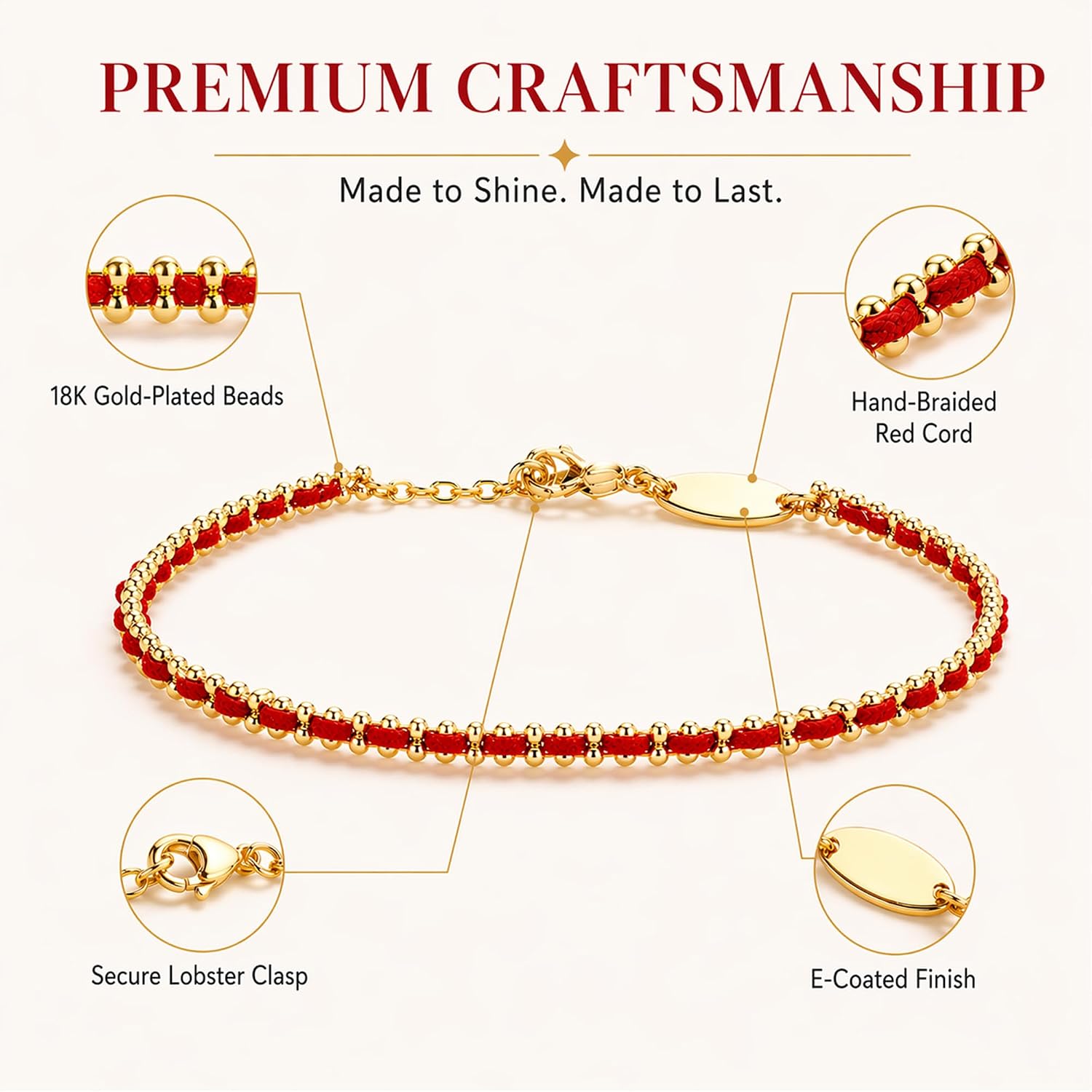 Red String Bracelet for Women 18K Gold Plated Red and Gold Bracelet Dainty Braided Cord Adjustable Minimalist Everyday Jewelry Gift