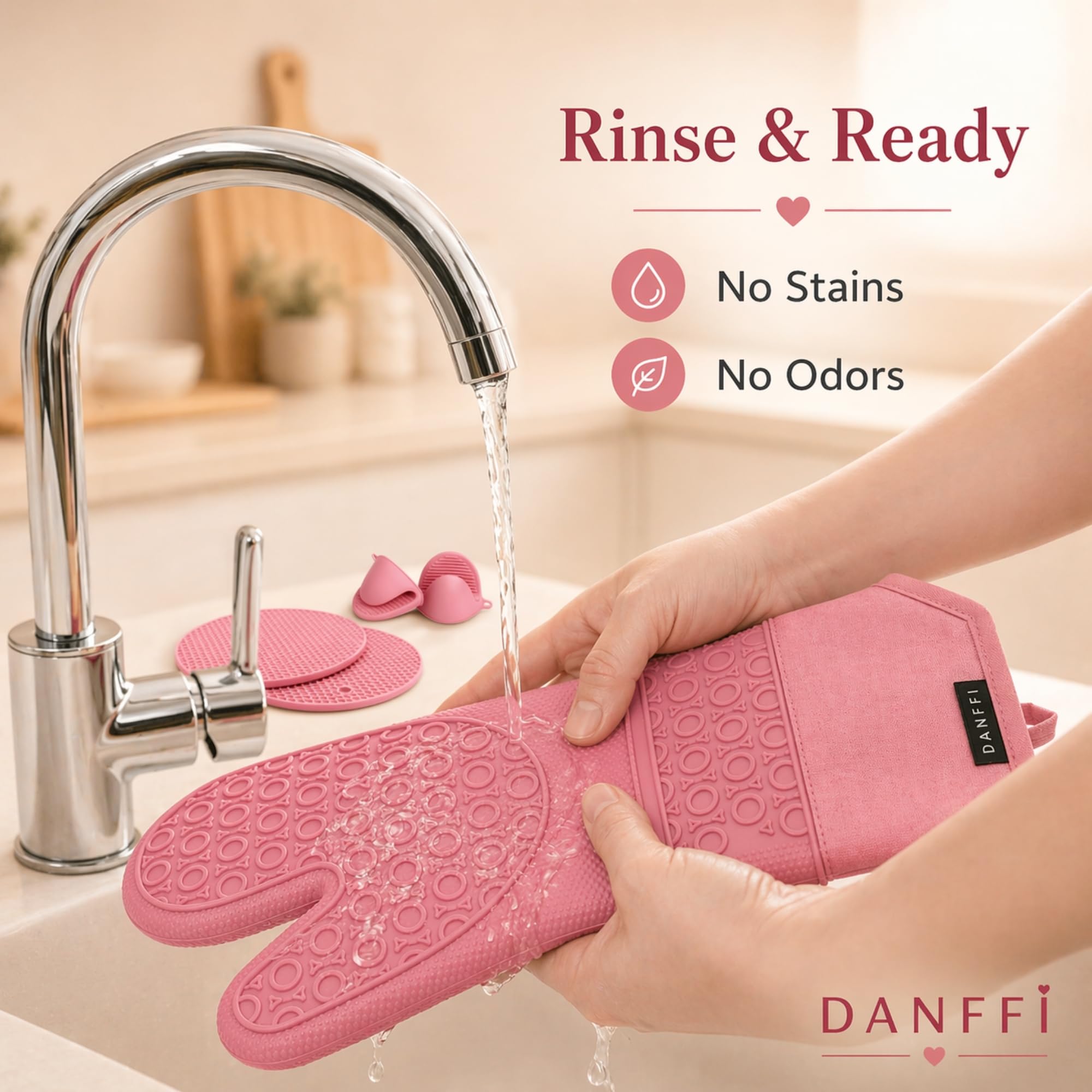 Silikon-Ofenhandschuhe und Topflappen, hitzebeständige Küchenhandschuhe, rutschfester, strukturierter Griff, flexibles Silikon mit weichem Baumwollfutter (6 Stück, Rosa)