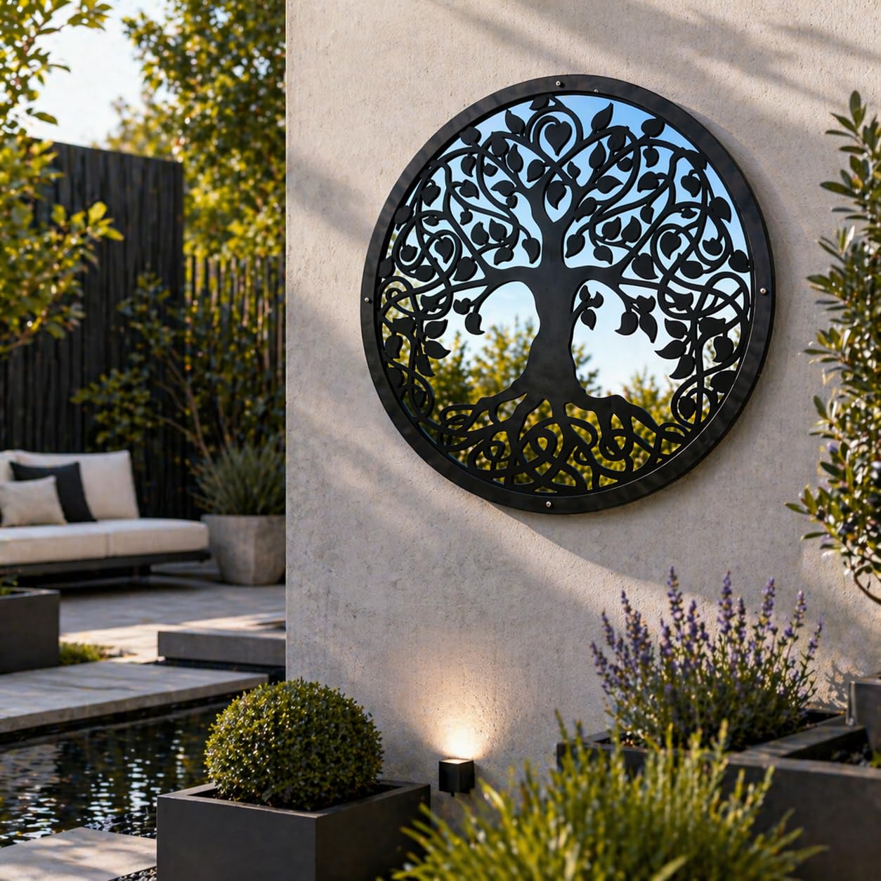 Miroir de Jardin Arbre de Vie 50 cm de Diamètre Sun Catcher Décoration de Jardin Miroir Encadré Rond pour Fixations Extérieures Inclus, Colour:Black