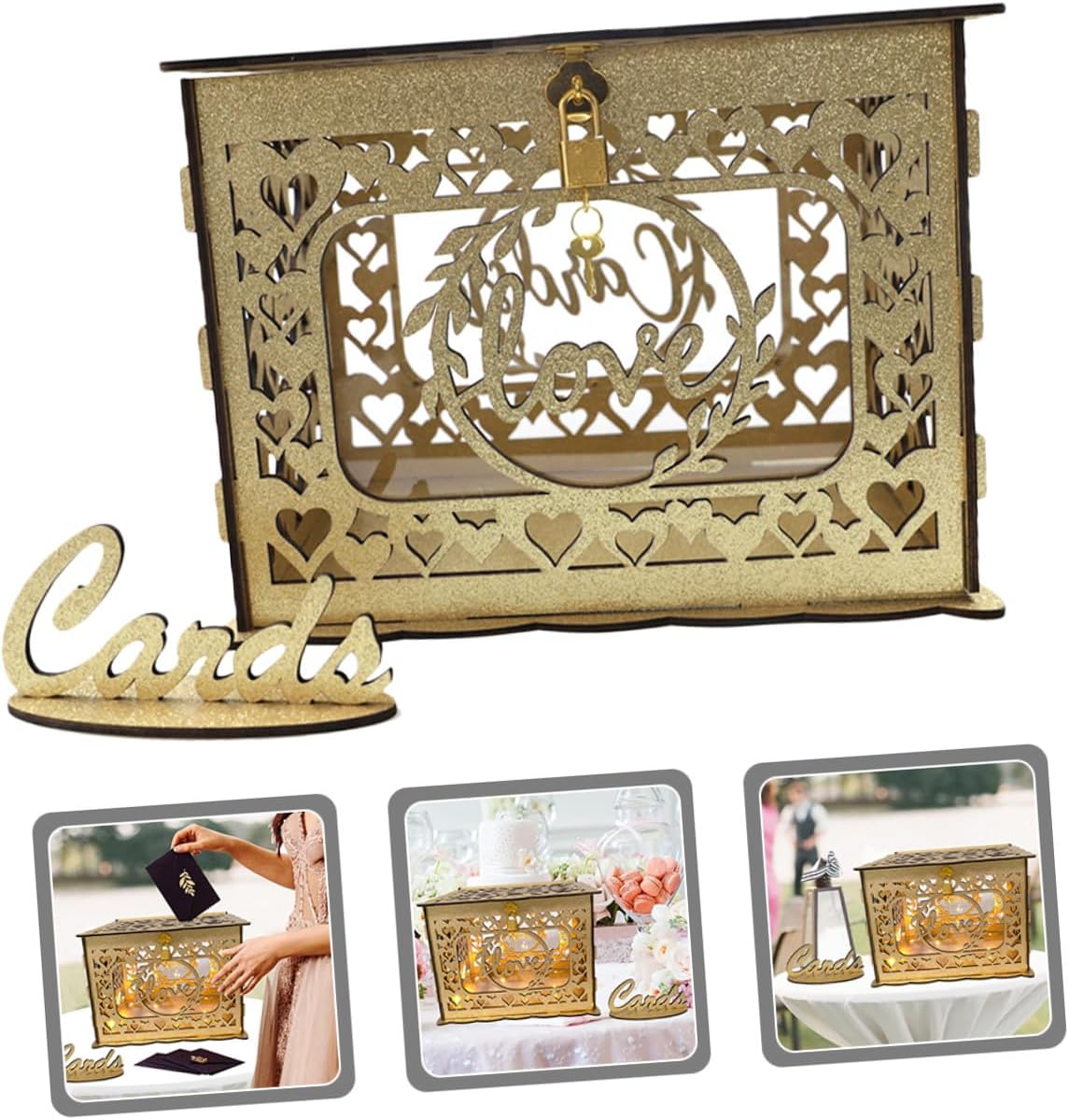 Wooden Hollow Glitter Card Box Anniversary Card Container Wedding Reception Envelope Money Storage Box for Birthday Party and Valentine’s Day Decorations