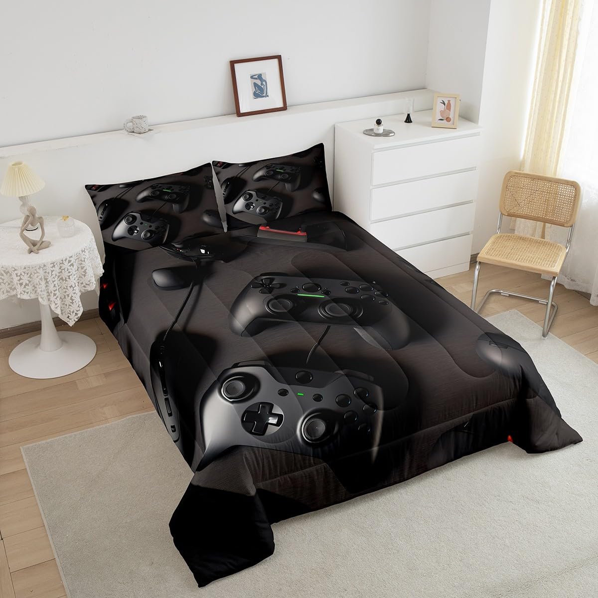 Loussiesd Zestaw kołder dla graczy King Gaming Down Comforter dla dziewcząt nastolatków nowoczesny kontroler konsoli do gier zestaw pościeli joystick dekoracja pokoju czarna kołdra zestaw