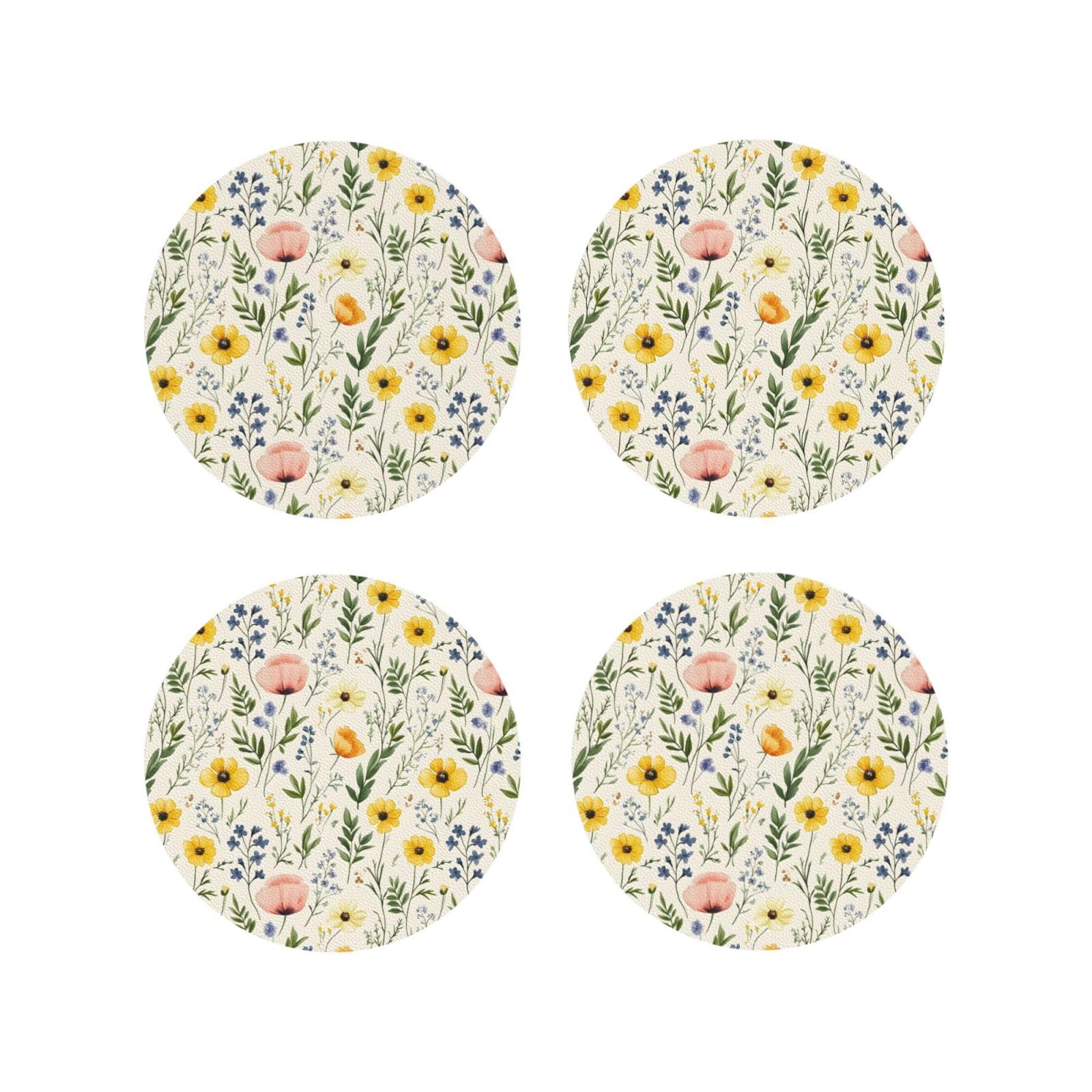 Leather Coasters Set of 4 - Pink Yellow Flower Print Lightweight Drink Coasters for Desk