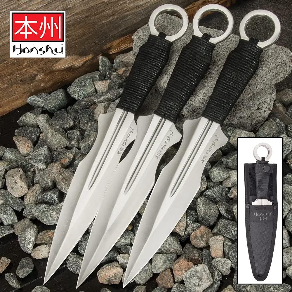 Honshu 3-Piece Kunai Set with Sheath - One-Piece 3Cr13 Stainless Steel Construction, Cord-Wrapped Handles, Open-Ring Pommels, Ideal for Knife Throwing Competitions - Length 12”