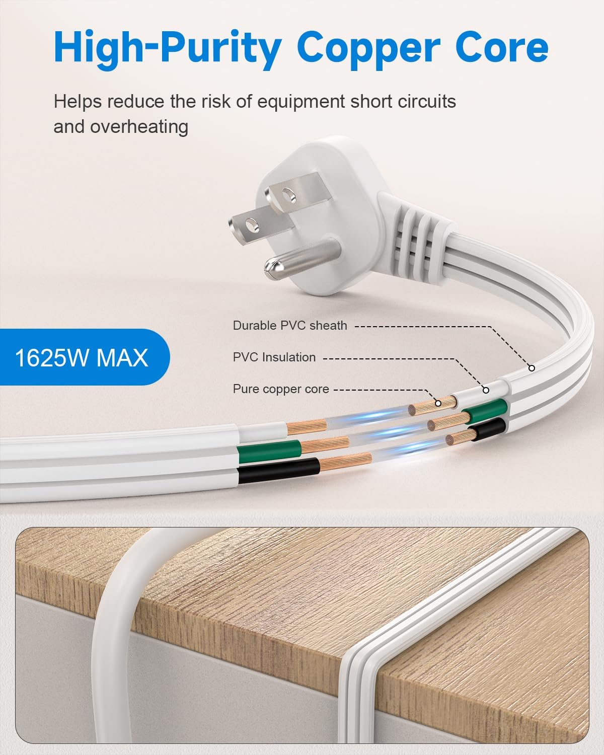 Flat Plug Short Extension Cord 1Ft White Low Profile Adapter 3 Prong Indoor Small Grounded Power Cable Outlet Saver 16AWG 13A 1625W 1 Pack