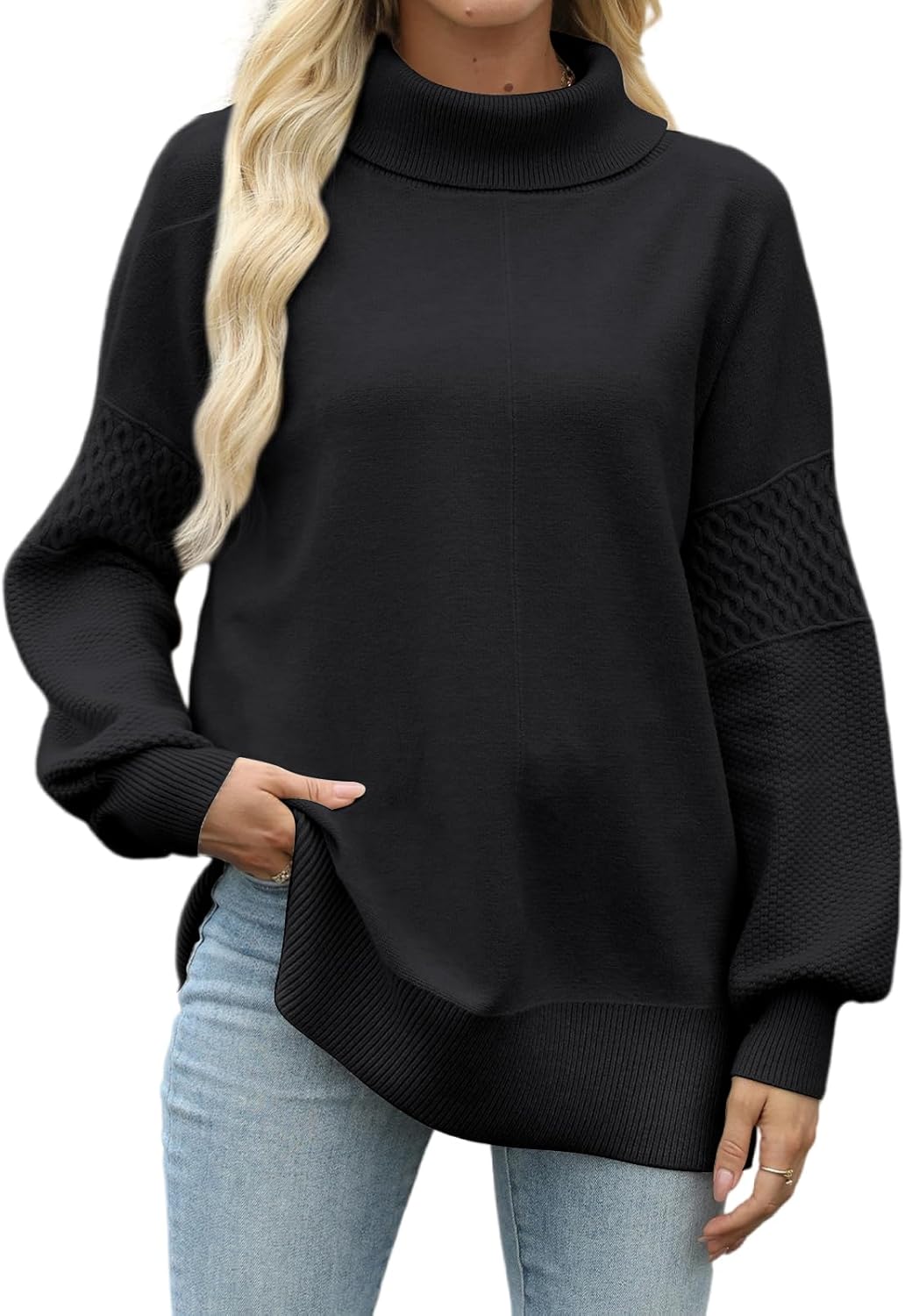 CiCiBird Women Oversized Turtleneck Sweater Fall Long Lantern Sleeve Knit Pullover 2025 Winter Fashion Jumper Top