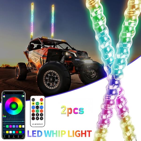 2 Pack 3FT Whip Lights, LED Whip Light with App & Remote Control, Spiral RGB Chasing Lighted Antenna Whips, Whip Light for UTV ATV RZR SXS Can-Am Dune Buggy Offroad Truck (3FT) - 2