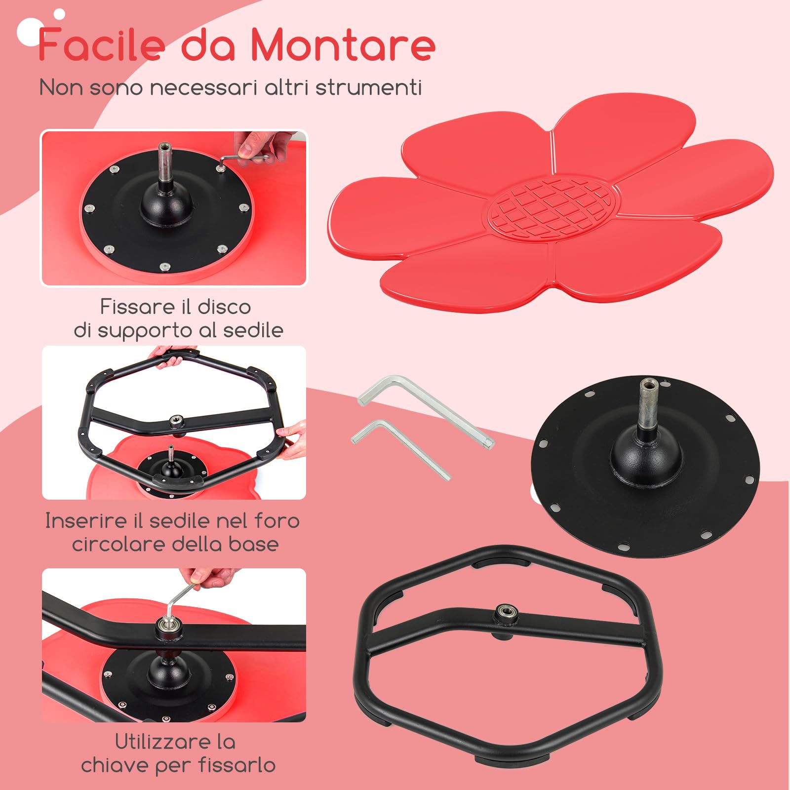COSTWAY Sedia Girevole a 360° per Bambini, Sedia Sensoriale con Base in Metallo Antiscivolo per Allenare la Coordinazione Fisica e l'Equilibrio, Giocattolo per Cameretta (Rosso,Fiore)