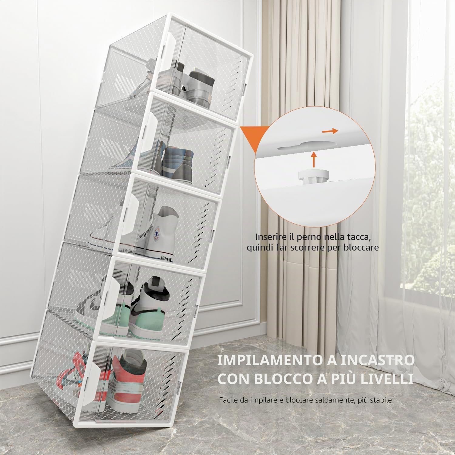 12 Pack Scatola per Scarpe Impilabili in Plastica Trasparente Con Porta Magnetica - Organizzatore Con Bastoncino per Aromaterapia per l'Armadio - Adatto Fino alla Misura 45