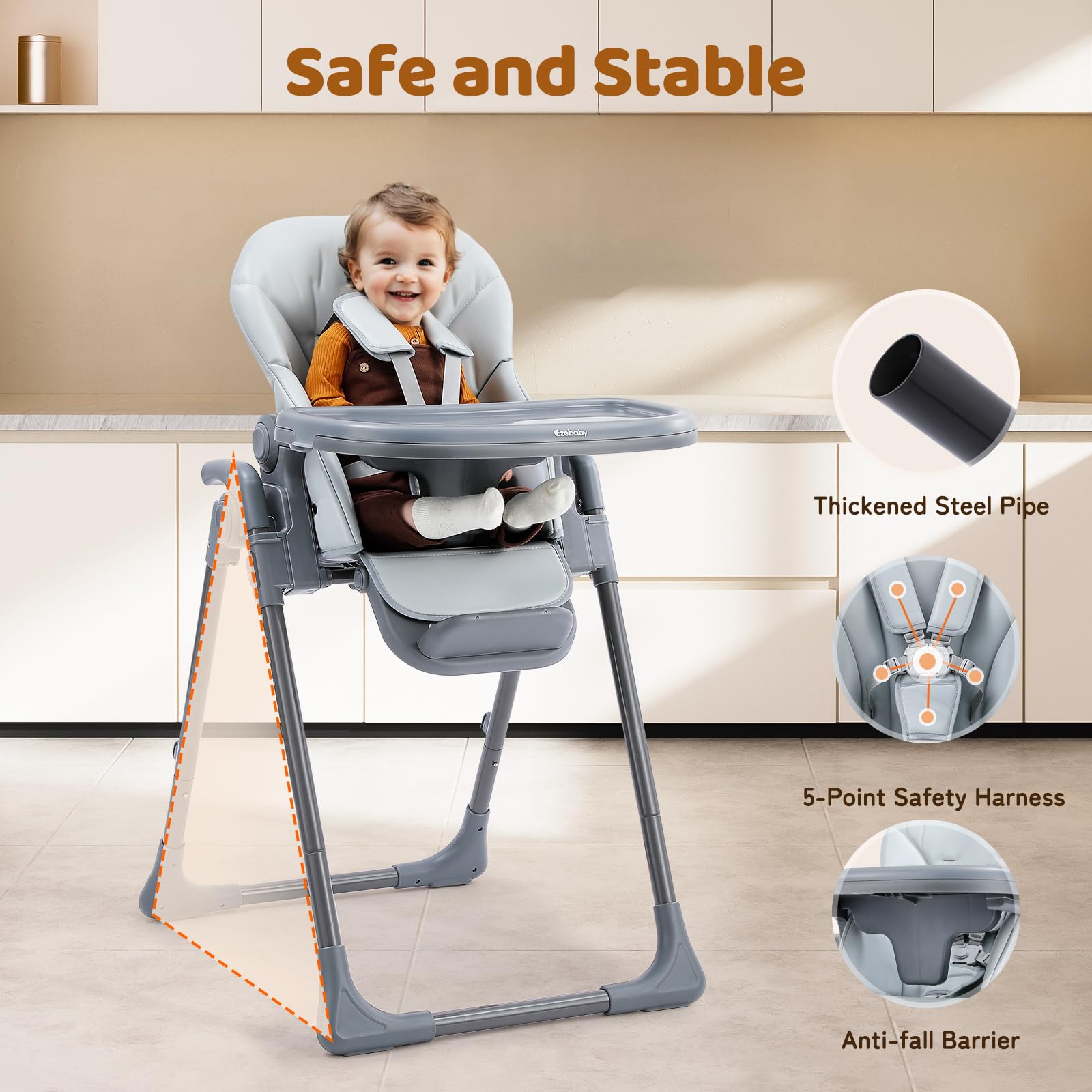 Hochstuhl Baby Klappbar Kinderstuhl 6 Höhen Kinderhochstuhl Kombihochstuhl Babyhochsitz Verstellbare Rückenlehne (Grau)