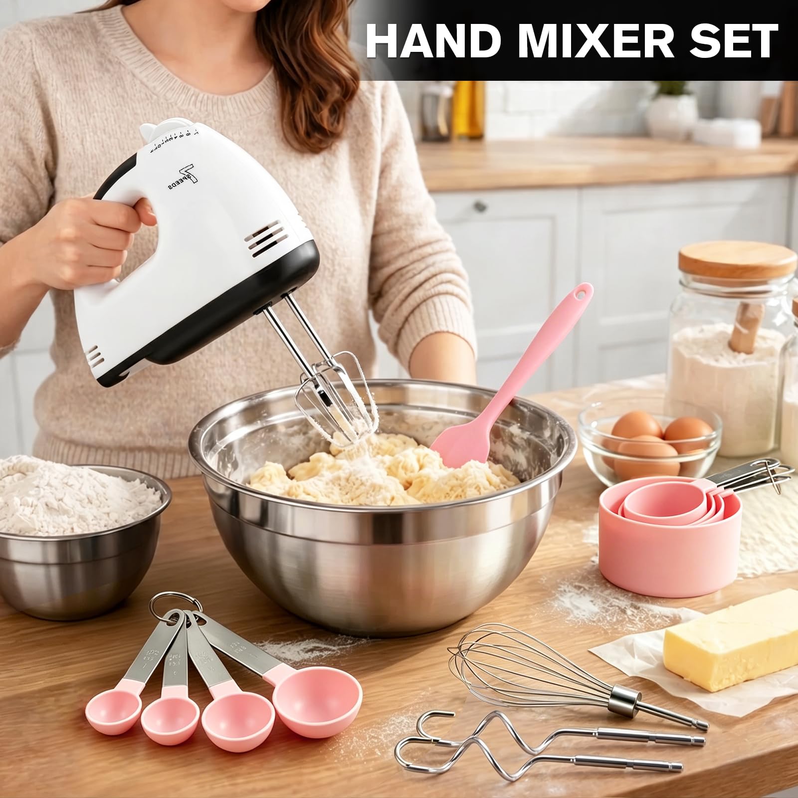 Set da forno elettrico con 7 velocità, 4 ciotole in acciaio inox, misurini e cucchiai, spatola in silicone, frusta portatile completa da 180 W per torte, impasti e cottura quotidiana