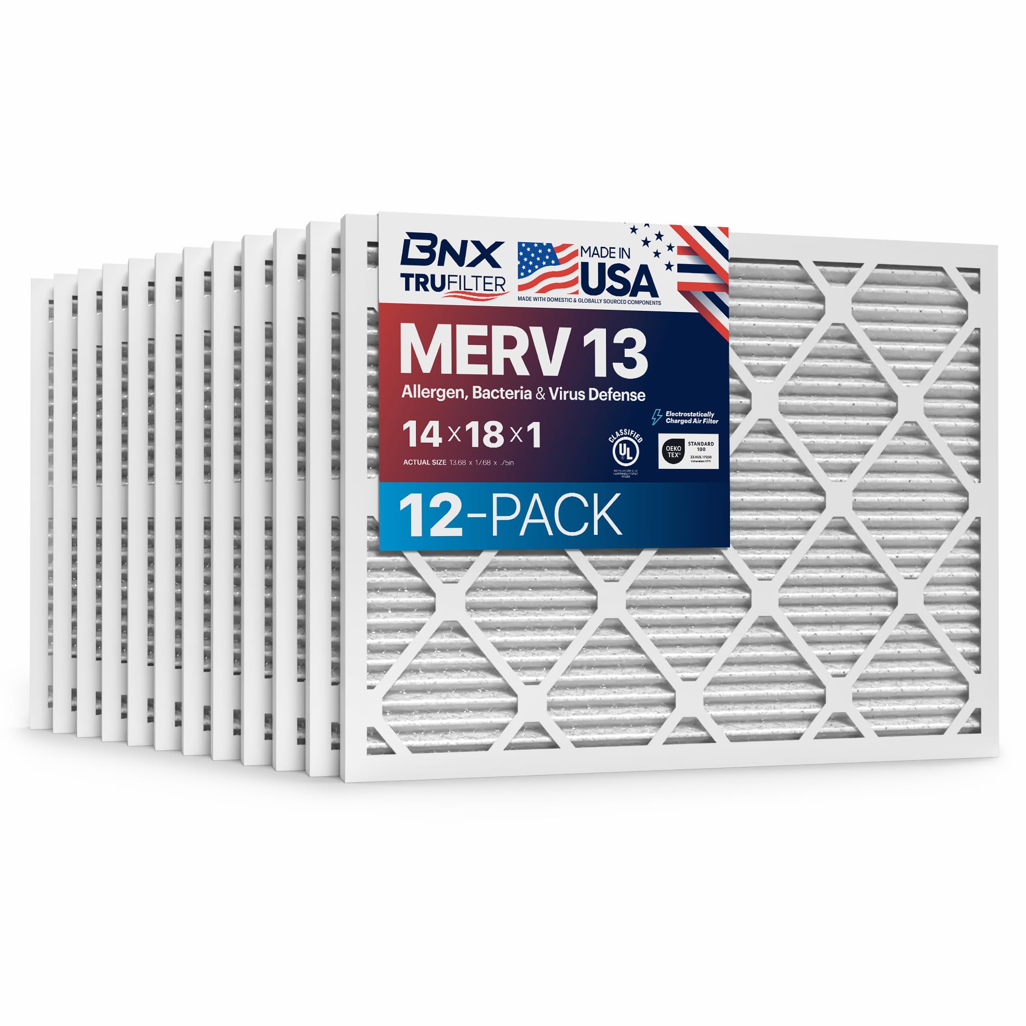 BNX TruFilter 14x18x1 Air Filter MERV 13 (12-Pack) - MADE IN USA - Electrostatic Pleated Air Conditioner HVAC AC Furnace Filters for Allergies, Pollen