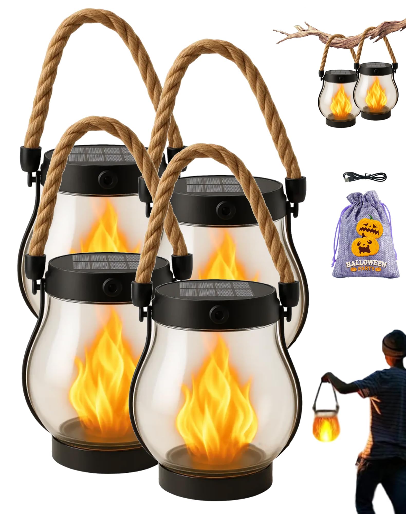 Kaliqo Solar Lantern Outdoor Lights with Dancing Flame, Waterproof Flickering Flame Solar Light for Garden Patio Camping, Hanging Decorative Solars Lantern with Hemp Rope (4Pcs)