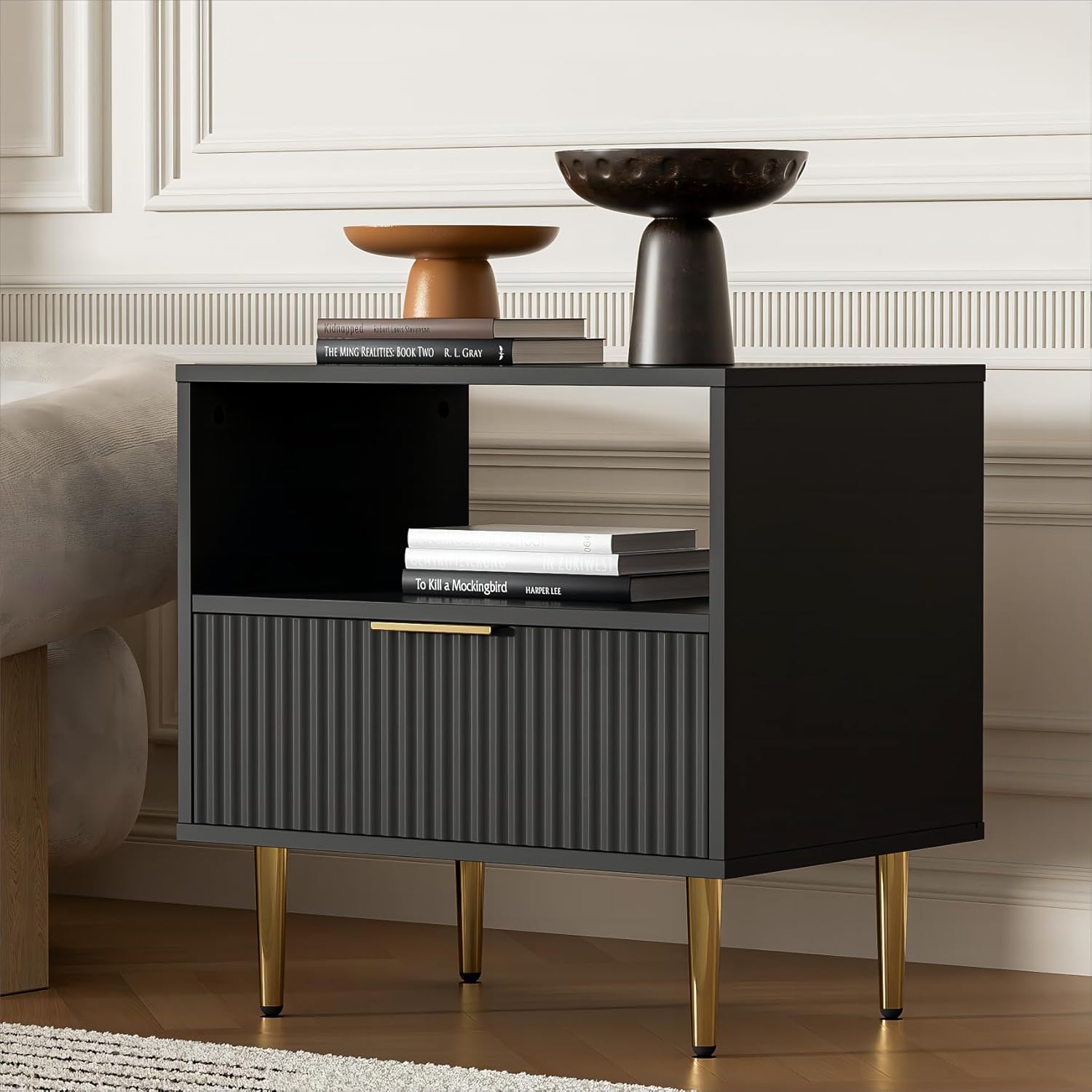 Black Nightstand Set of 2, Modern Nightstand with Drawer, End Table with Storage, Bed Side Table with Open Space for Bedroom, Side Table for Bedroom, Living Room, Black