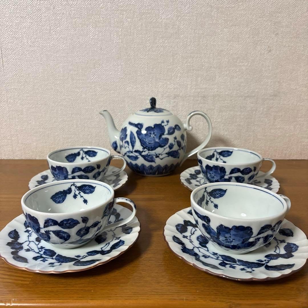 青い花柄 ティーカップセット ティーポット付き
