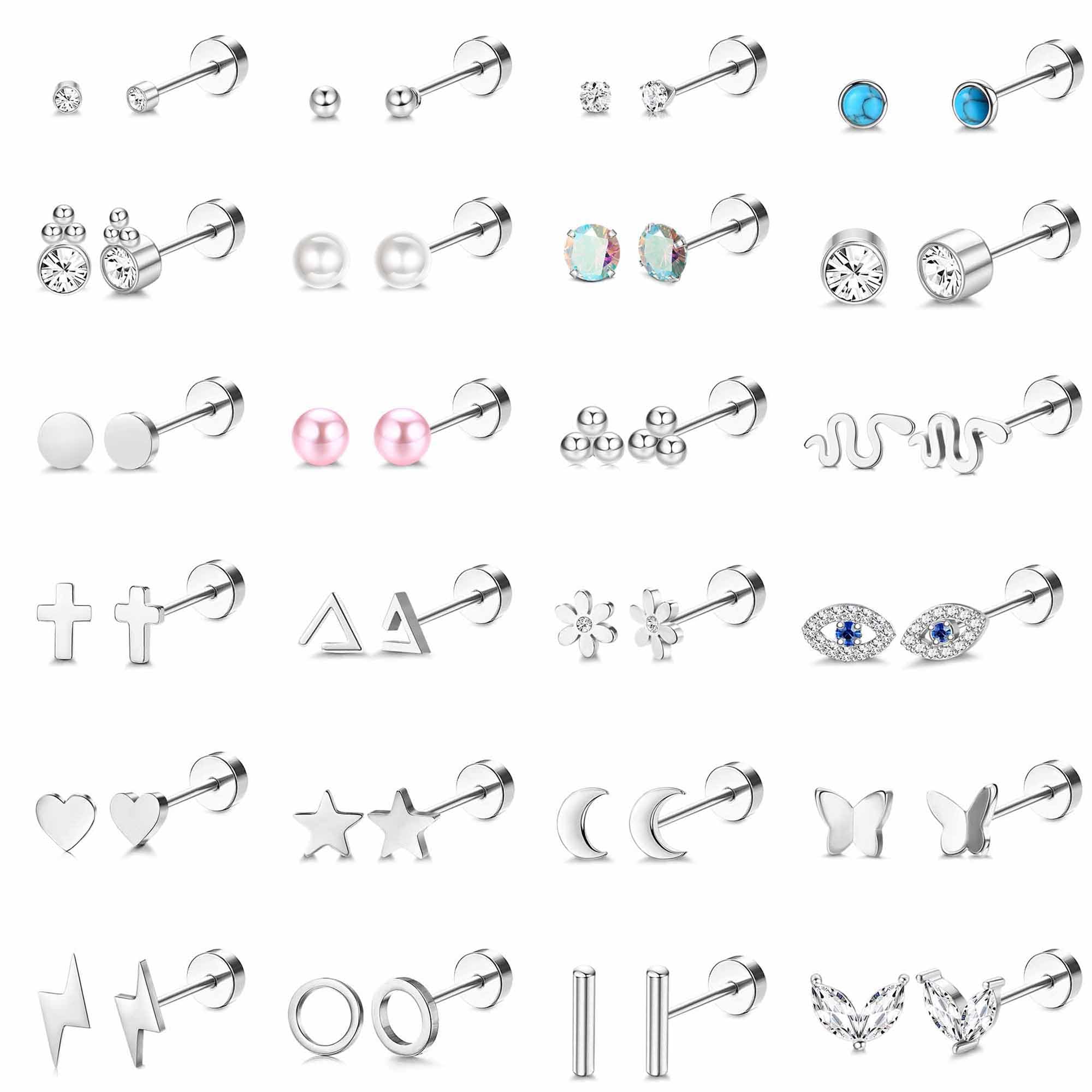 Adramata 24 Pares Pendientes para Mujer Acero Quirurgico Pendientes Juego Tragus Helix Piercing Oreja Hipoalergénicos con Parte Posterior Plana Pequeños Plata Pendientes para Mujer Niña