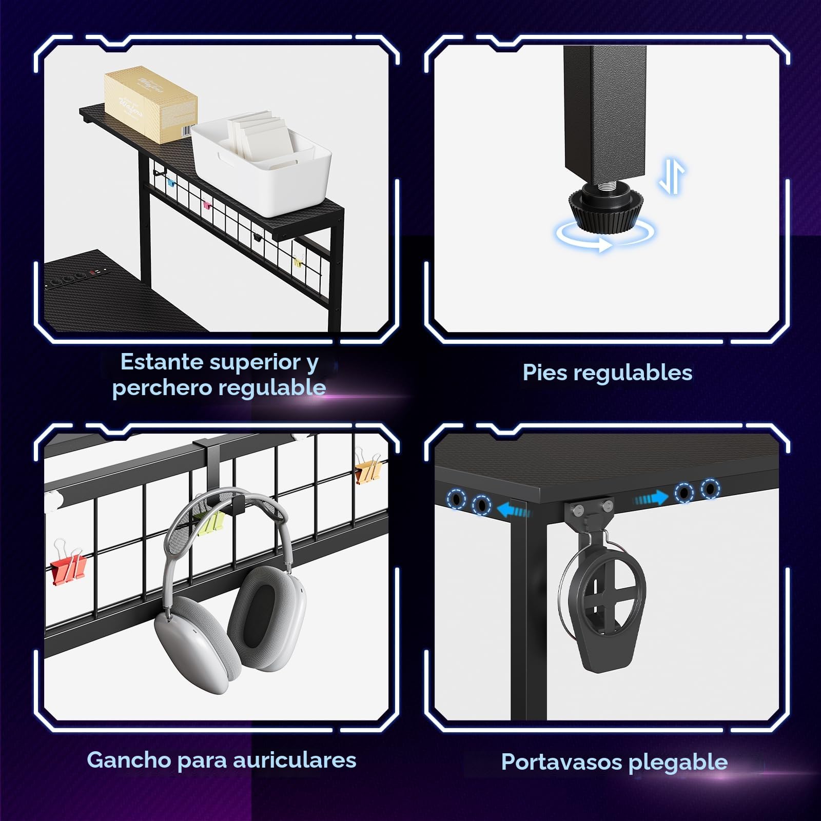 Bestier Escritorio en forma de L con enchufes, iluminación LED, superficie de fibra de carbono y amplio espacio de almacenamiento, perfecto para oficina en casa y juegos