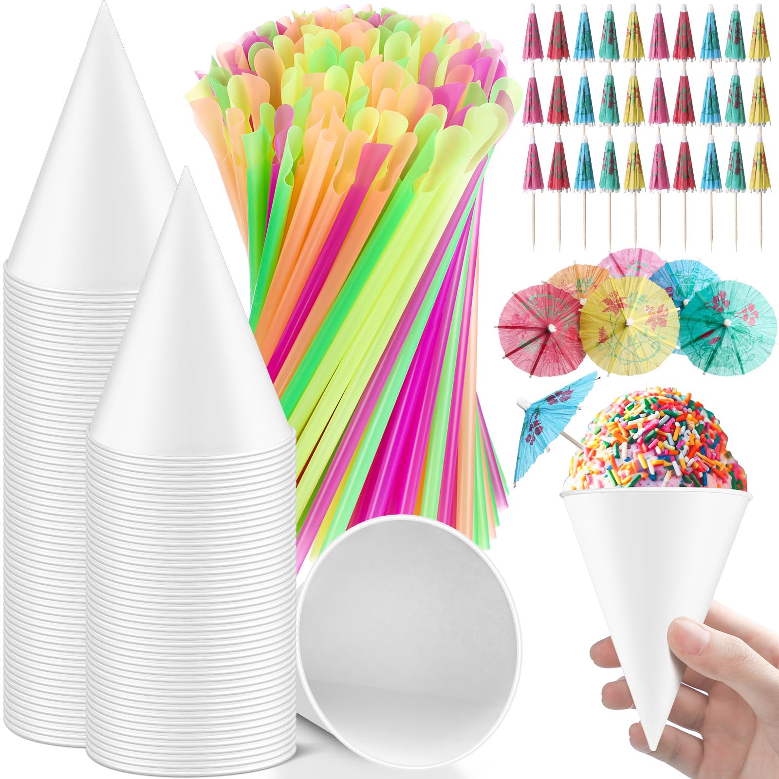 Eaasty 600 Pcs Summer Snow Cone Cups and Spoon Straws with Paper Umbrellas Kit, 4.5 oz Disposable Cone Paper Cups and Spoon Straws for Slush Shaved