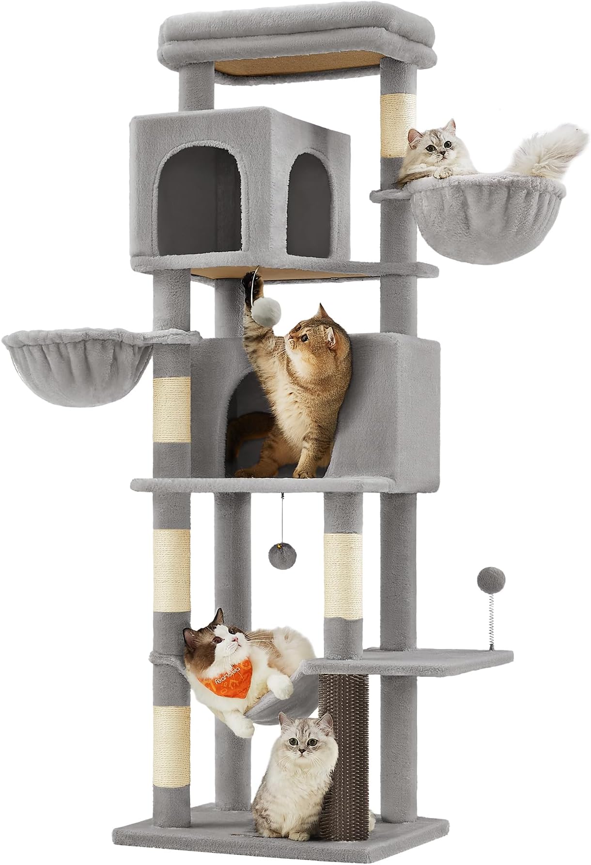 Feandrea Cat Tree, 69-Inch Tall Cat Tower, Multi-Level Plush Condo with 2 Caves, 2 Baskets, 5 Scratching Posts, Self-Groomer, Perch, Hammock, Dove Gray UPCT182G01