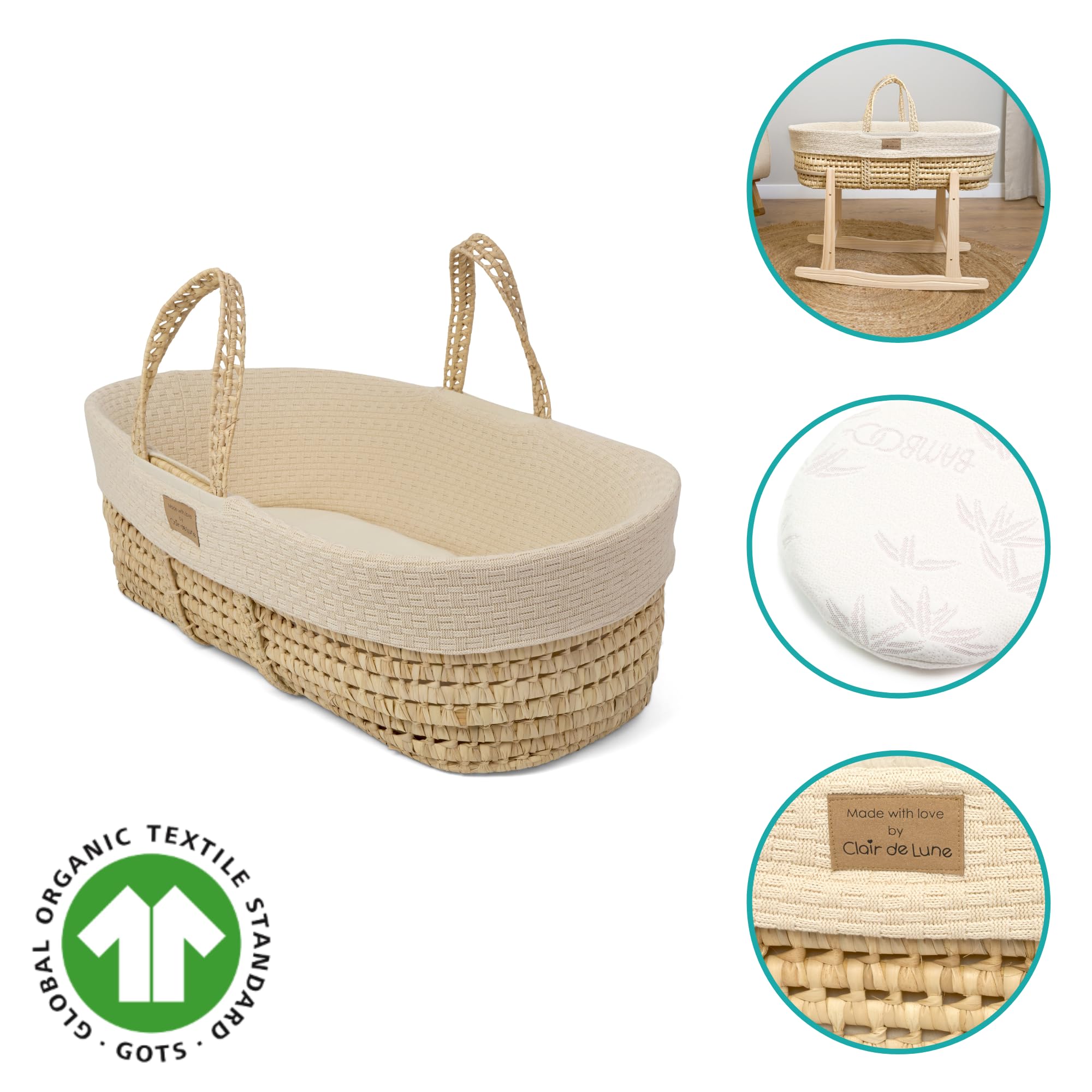 Clair de Lune Moisés de Punto orgánico con Cesta de Palma Natural, apósito de Punto orgánico y colchón de bambú Natural, 75 x 28 cm (Crema)