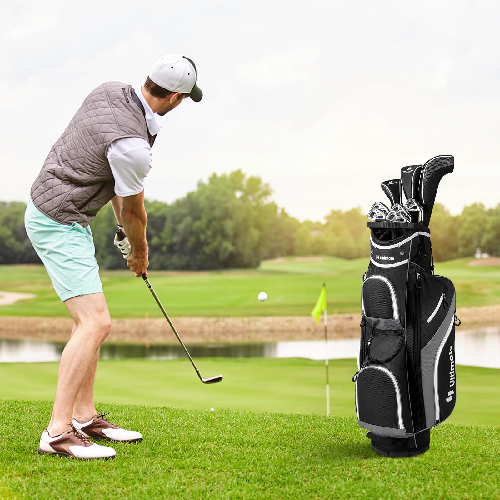 GYMAX Sacca da Golf per Carrello, con Divisori a 14 Scomparti, Borsa Termica, 2 Tasche Impermeabili, Cappuccio Antipioggia Rimovibile, Tracolla Imbottita e Maniglie di Trasporto