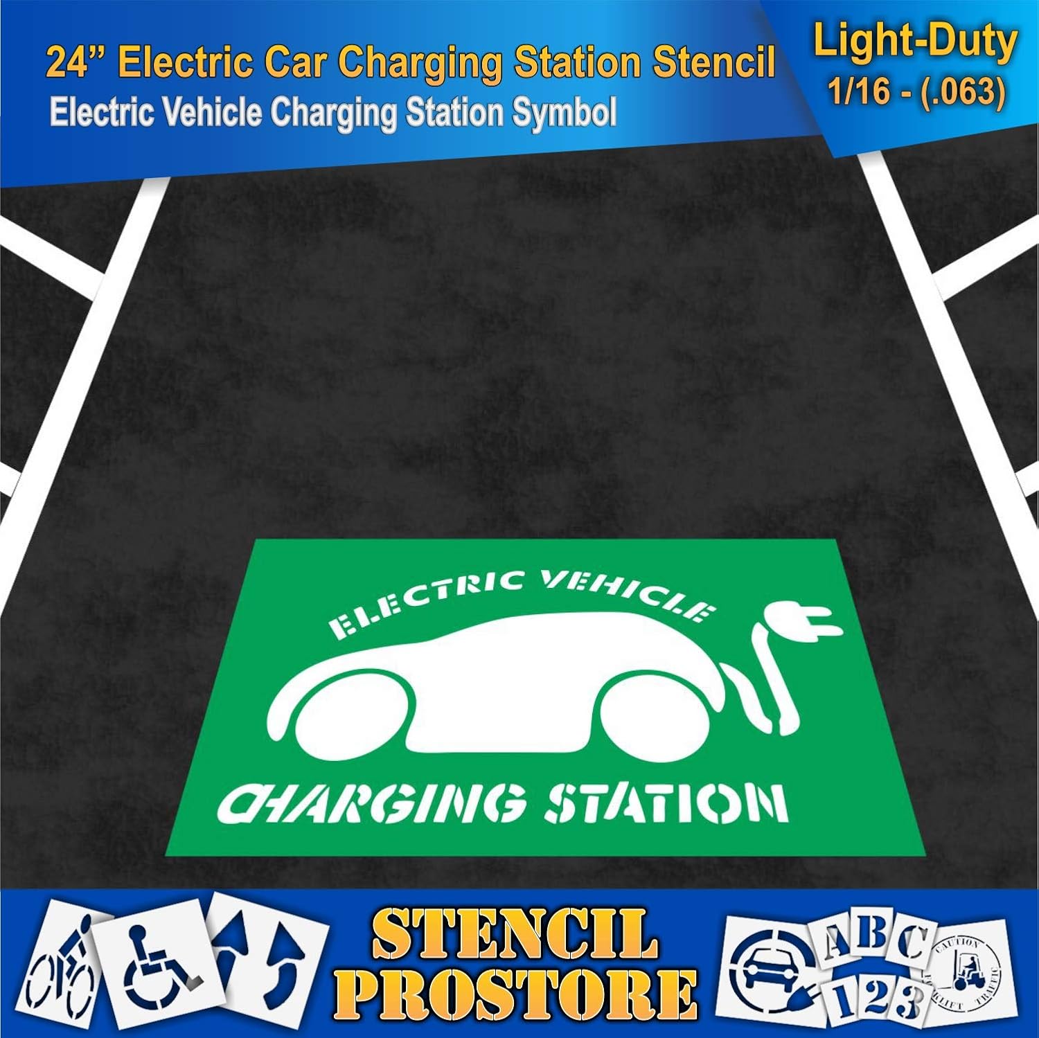 Pavement Stencils - 24 in - Car with Plug with Electric Vehicle Charging Station Stencil - 24'' x 43'' x 1/16" (63 mil) - Light-Duty