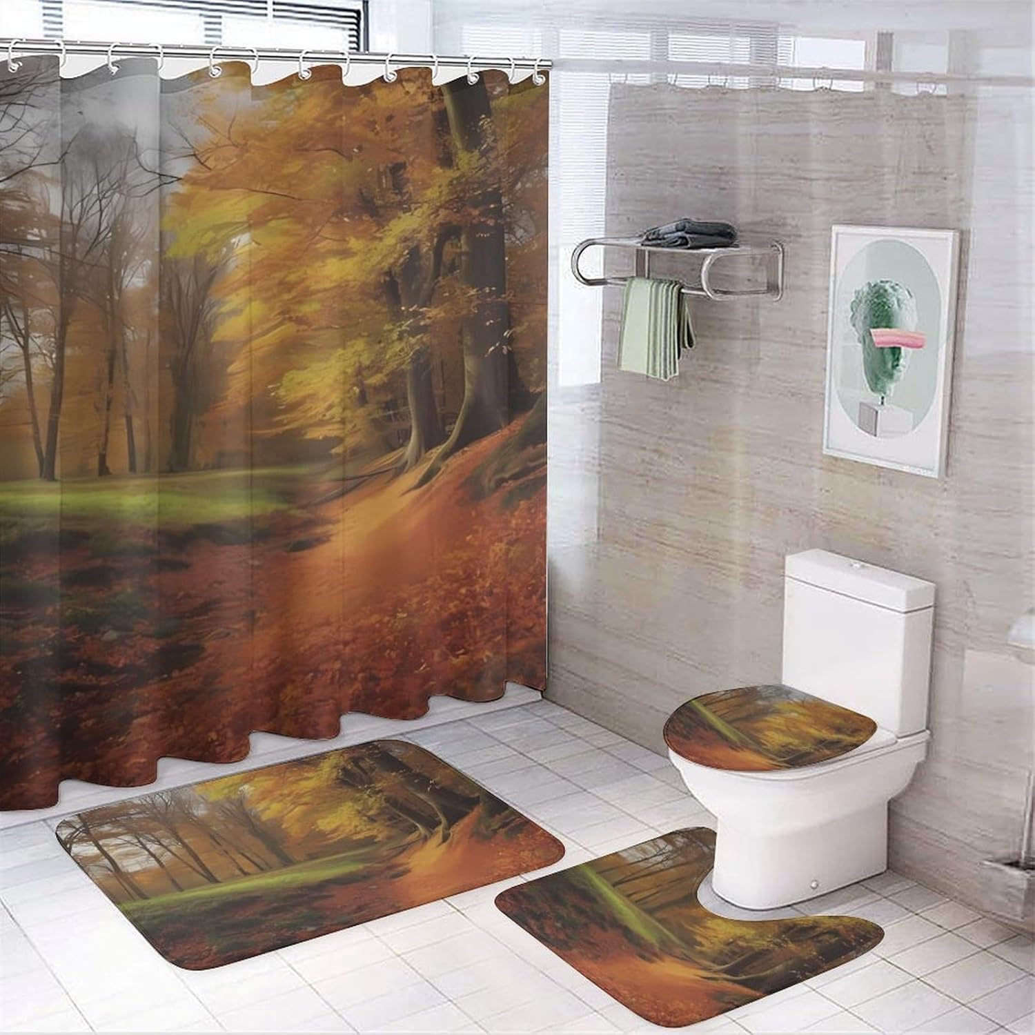 Autumn Shower Curtain Set 4 Piece, Non-Slip Bath Mat with Toilet Lid Cover and Waterproof Shower Curtain with 12 Hooks, Complete Bathroom Set for Home Decor