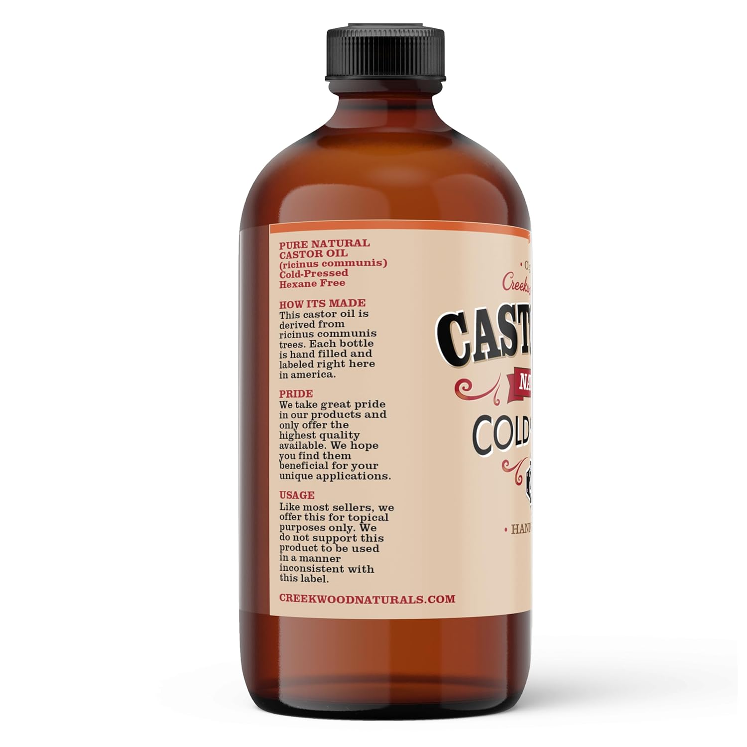 Creekwood Naturals Castor Oil, 100% Pure Cold Pressed Hexane Free, In Glass Bottle