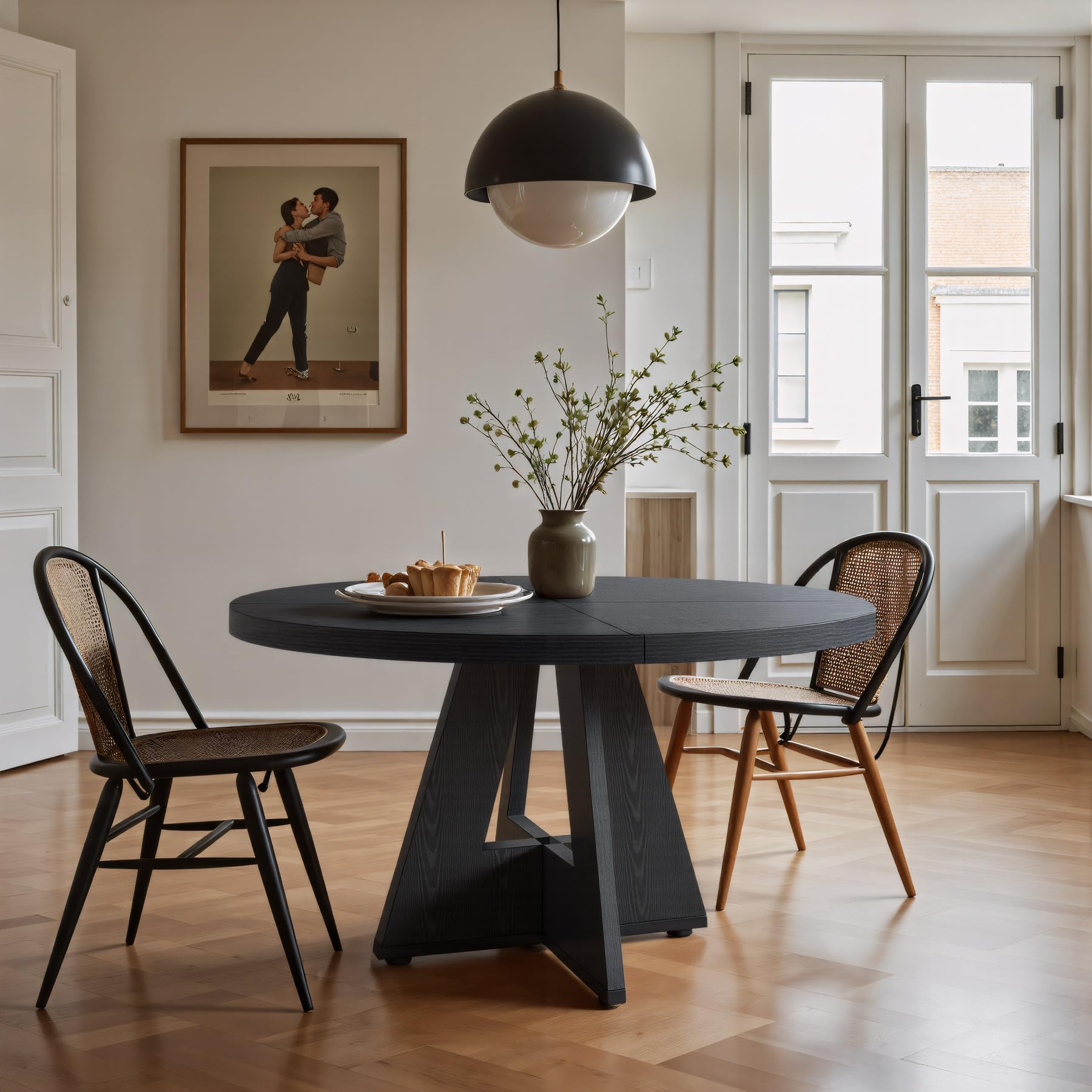 Farmhouse Dining Table, 120 cm Round Dinner Table for 4, Rustic Wood Dining Room Table for Home Dining Room Living Room (Easy Assembly) (Black)