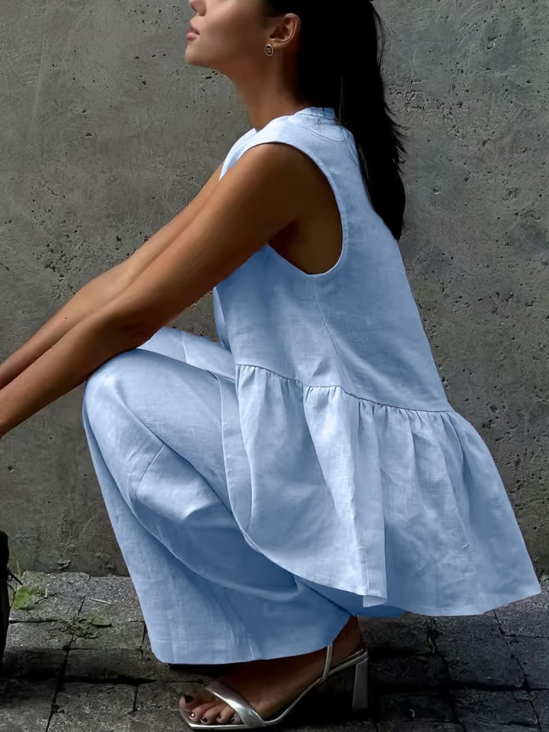 Womens Two Piece Set Sleeveless V Neck Peplum Vest Wide Leg Pant Suits Dressy Casual Summer Vacation Outfits - Image 7