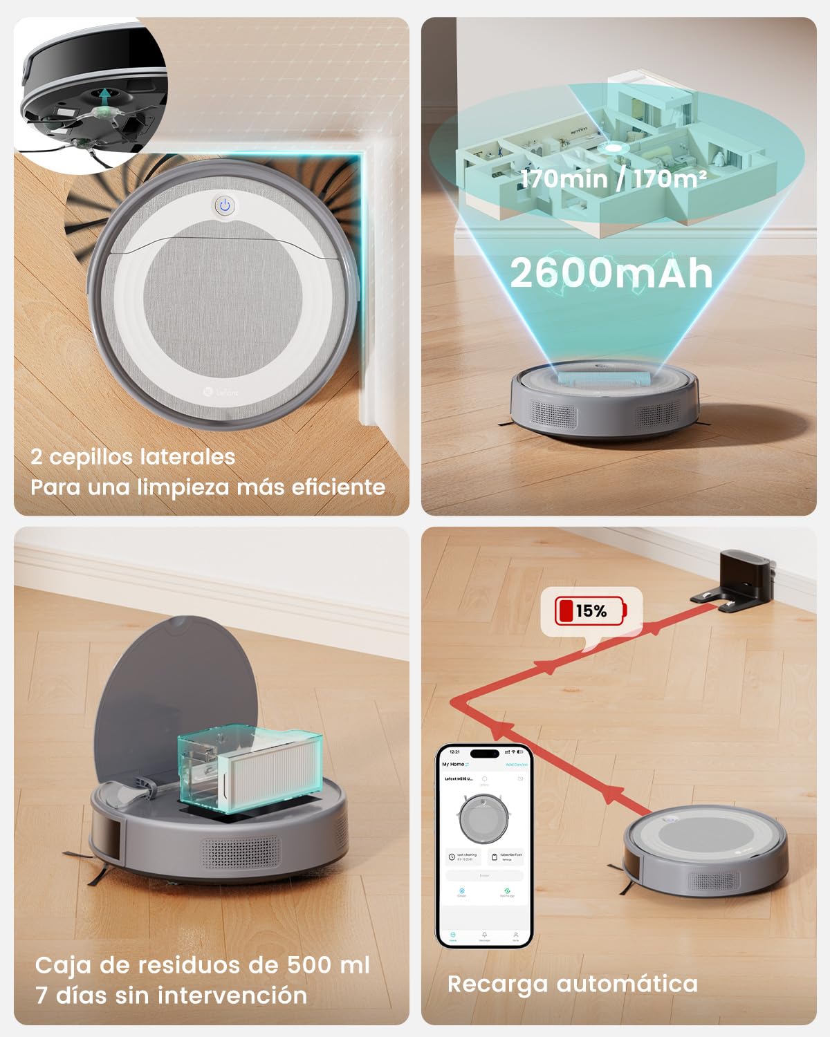 Lefant M310 Ultra Robot Aspirador y Fregasuelos 3 en 1 con Succión de 6000Pa, 170min, Mapeo Láser ToF, Evasión de Obstáculos PSD de 190°, Reconocimiento de Alfombras, WiFi/App/Alexa, Gris
