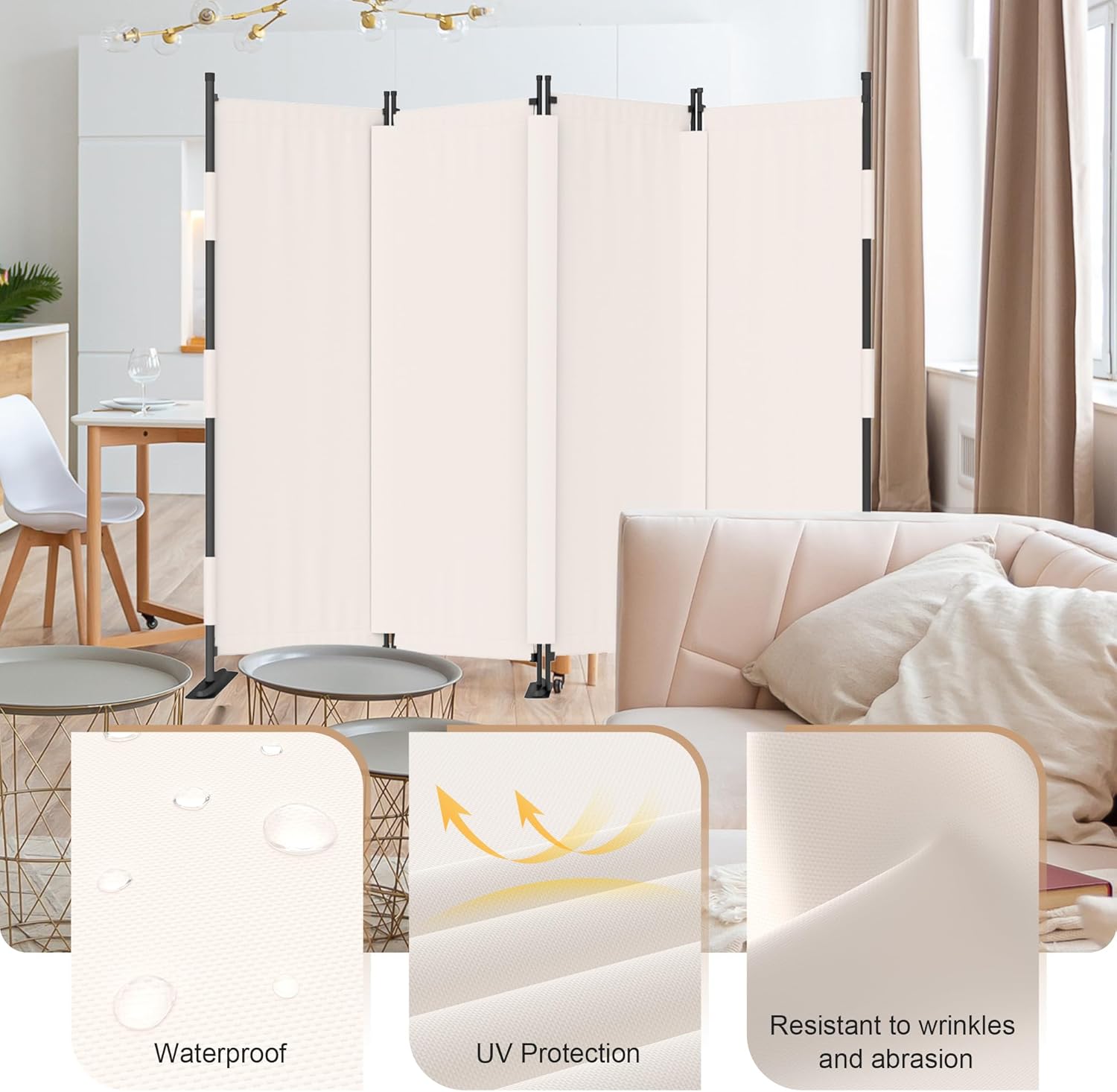 GOJOOASIS Room Divider 4 Panel Folding Privacy Screen, Portable Small Room Dividers Partition 88" Wall Dividers for Room Separation Upgrated Seamless Accordion Room Divider (White, Type A)
