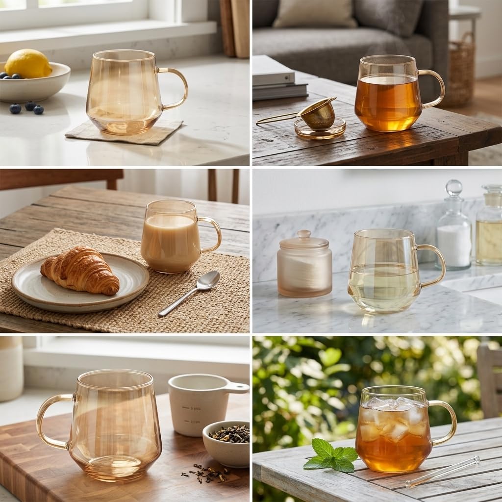 Deconox 6'lı Borosilikat Cam Kupa Seti - Isıya Dayanıklı, Hafif ve Geniş Hacimli Çay, Kahve ve Meşrubat Bardağı Takımı (420 ml)