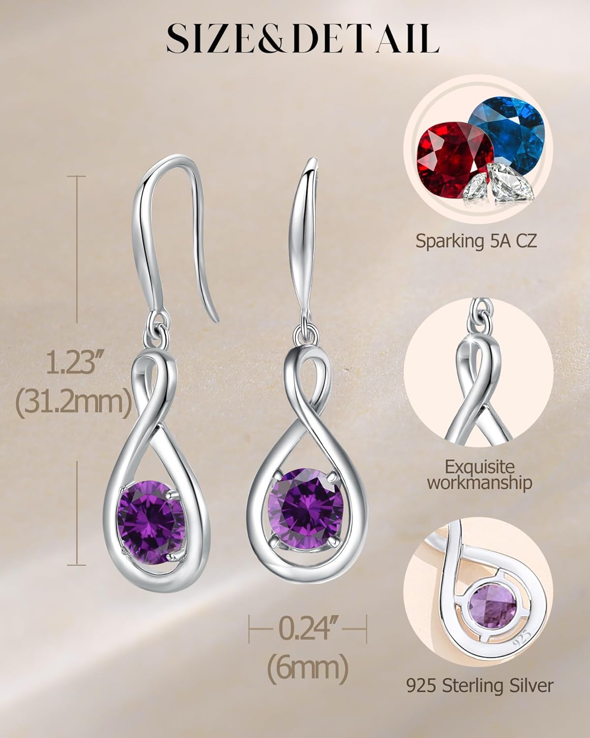 FANCIME Dangle Drop Earrings 925 Sterling Silver Dainty Infinity Round Gemstone Birthstone Jewelry Birthday Mothers Day Gifts for Her Women - Image 6