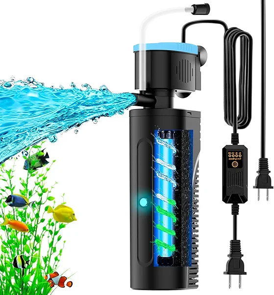 VCRAZE U - V Aquarium Filter with Timer (3/6/12/24 Hours) for Green Water Cleaning, Fish Tank Filter with Aeration & Rainfall Mode, Turtle Filter with Efficient Filter Sponge for Tanks 20-70 Gallon