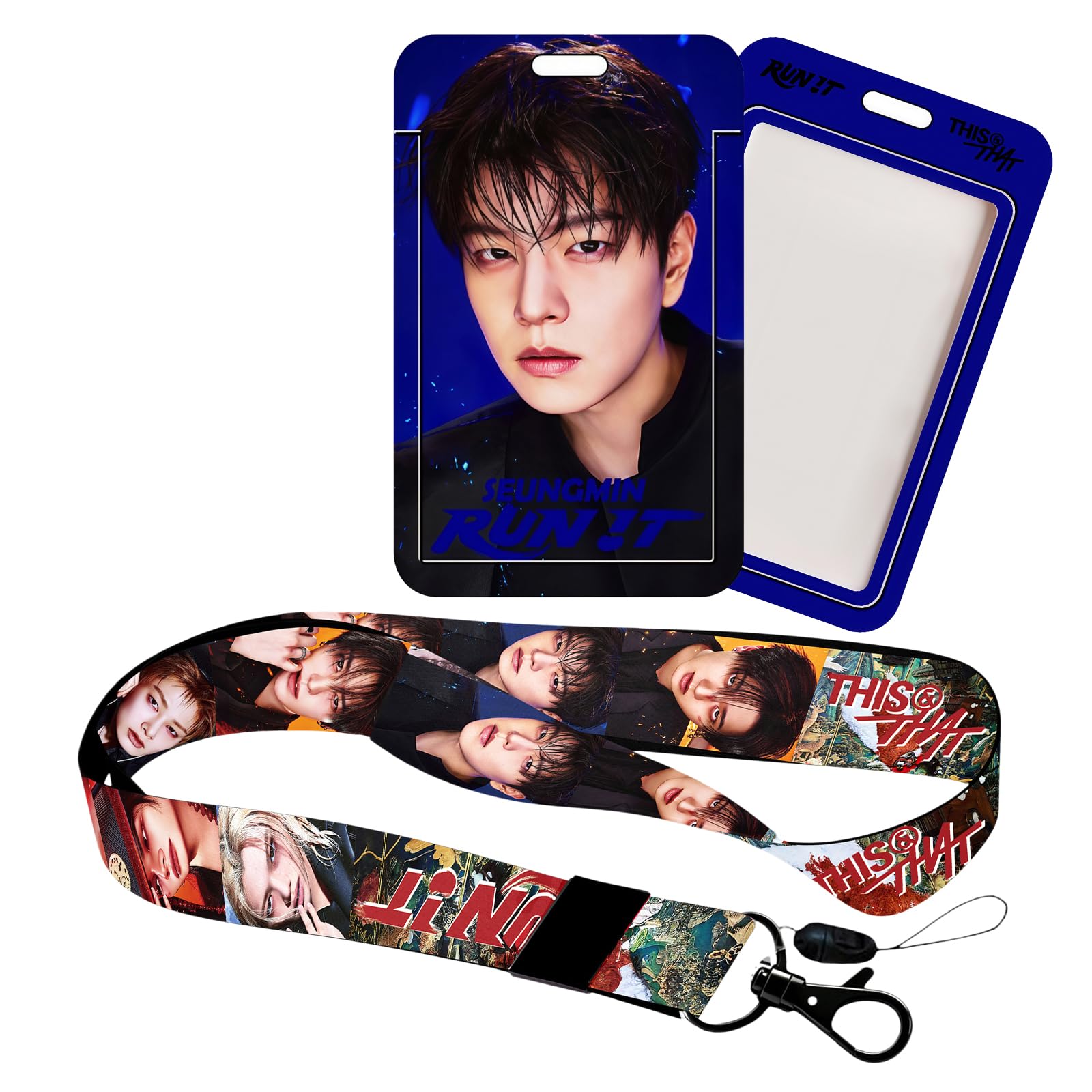Stray Kids Run IT Photocard Holder Case and Lanyard Set, 1 Pcs Lanyard & 1 Pcs ID Photo Holder Stray Kids Plastic Badge Holder with Strap SKZ Merch Gift (SEUNGMIN)