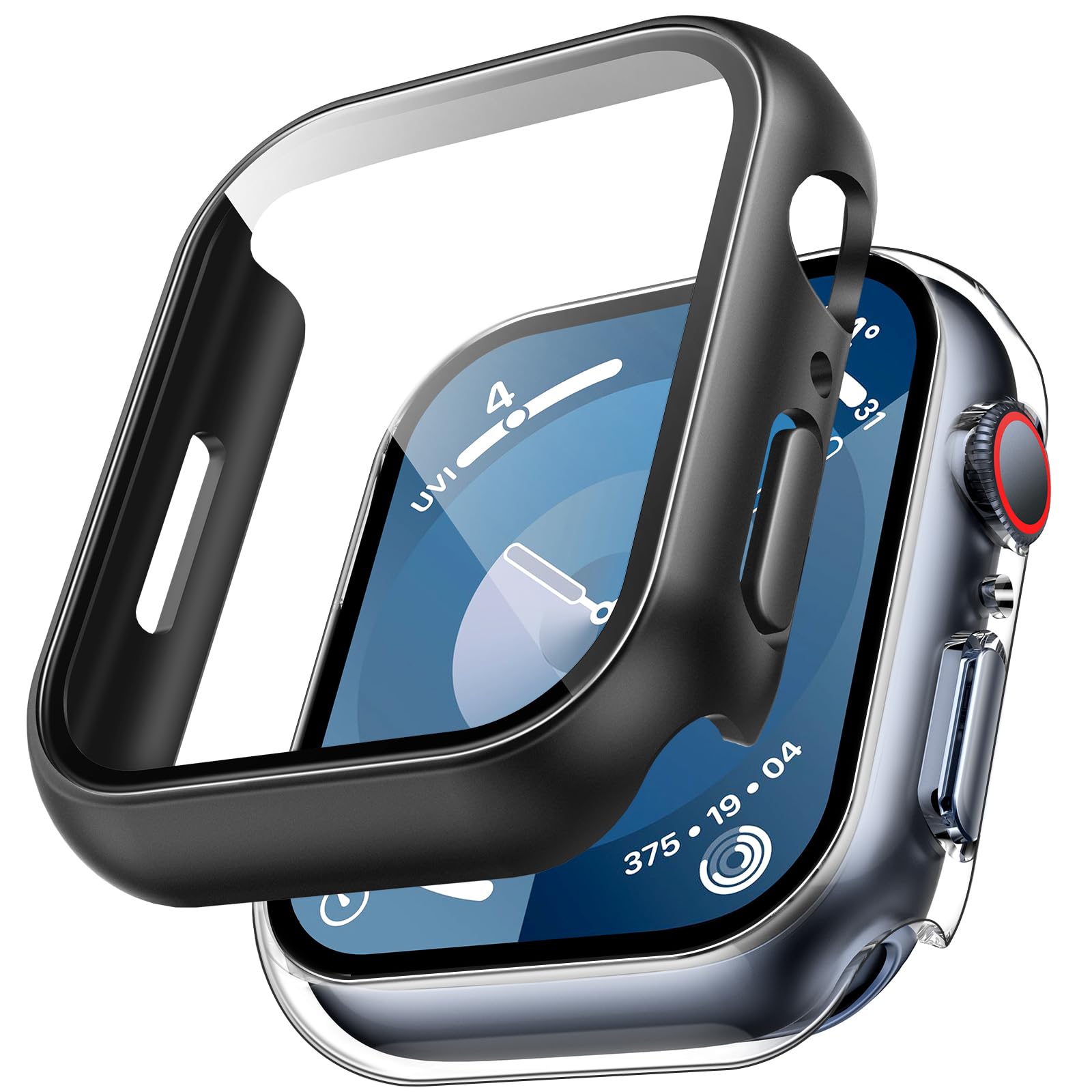 TAURI 2 Pezzi Cover PC Compatibile con Apple Watch Series 9 8 7 45mm, 9H in Vetro Temperato,[Tocco Sensibile][HD Clear] Sottile Rigida Custodia per iWatch 9/8/7 45mm - Trasparente+Nero