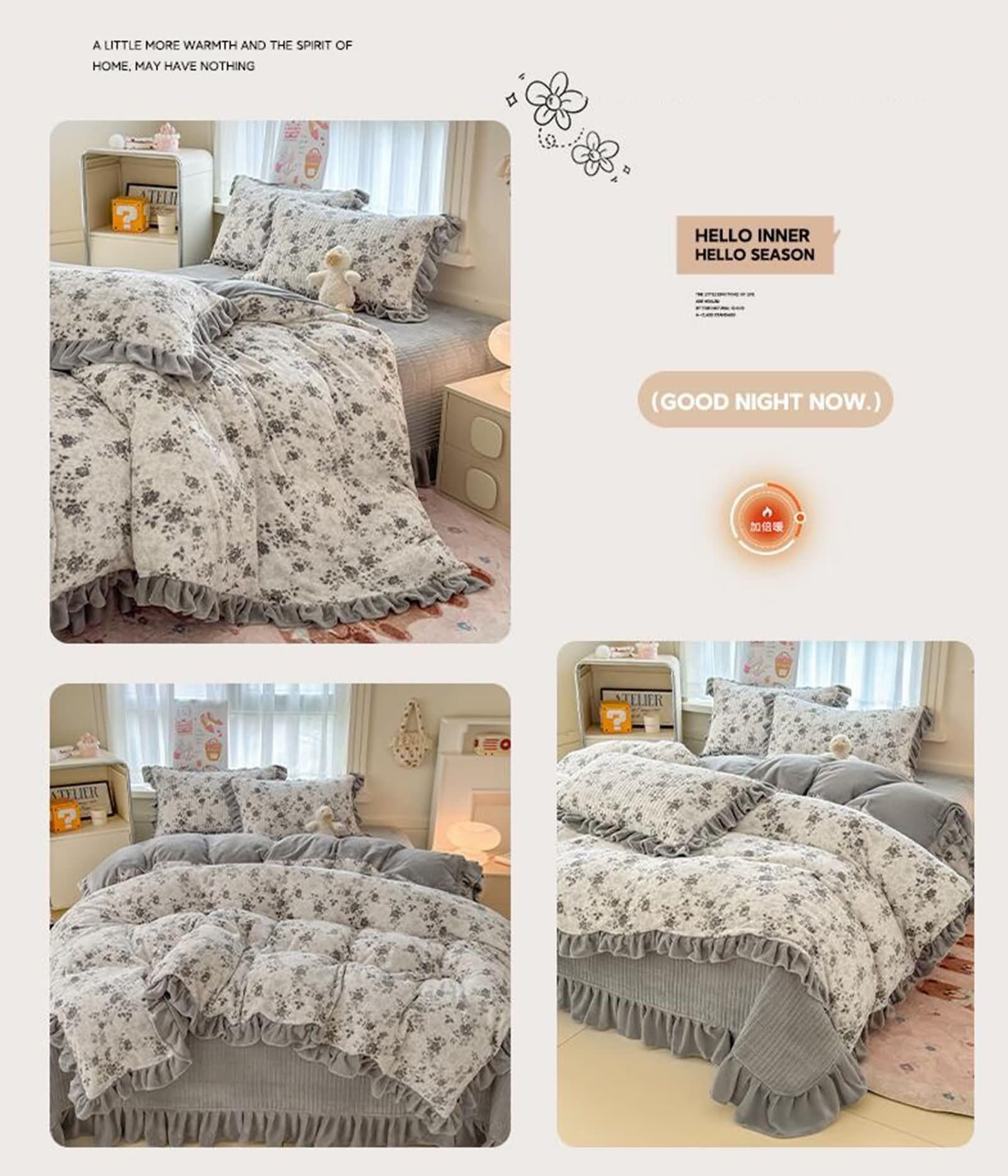 4-częściowy zestaw pościeli, poszwa na kołdrę 200 x 230 cm, prześcieradło 230 x 250 cm, 2 poszewki na poduszki, kwiaty i wzory gałązek z koronką, miękki aksamit, szary