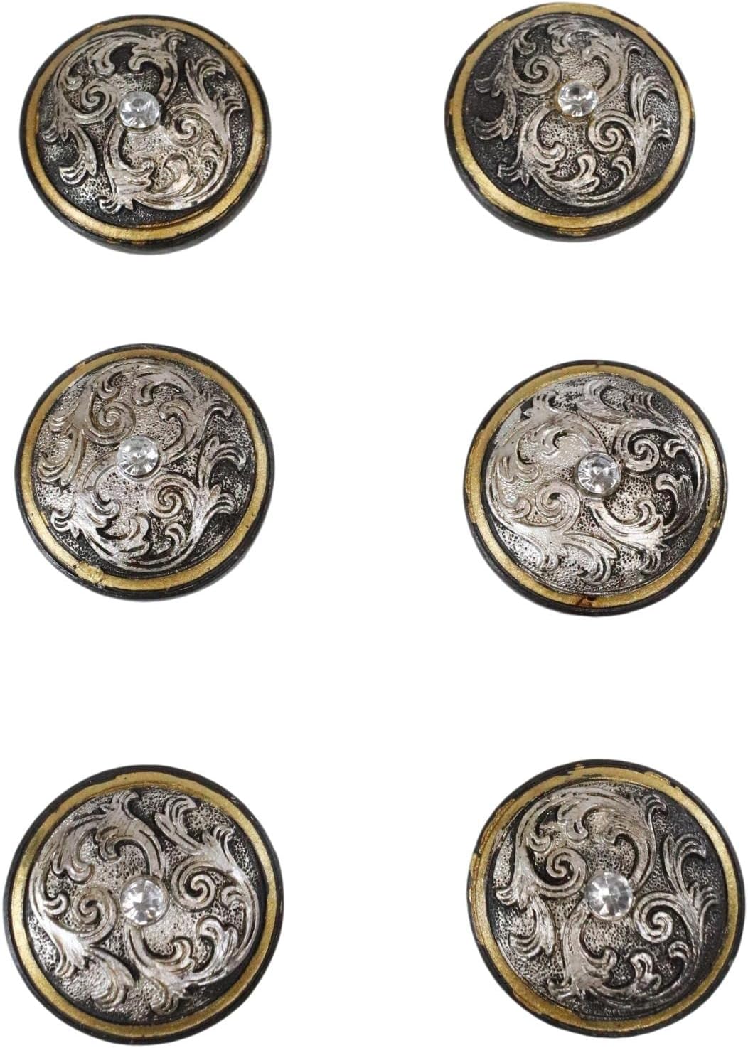 Ebros Gift Set of 6 Rustic Western Silver Scroll Lace Filigree Pattern with Gold Band Vintage Round Sculpted Resin Drawer Cabinet Door Furniture Pull Knobs (3)