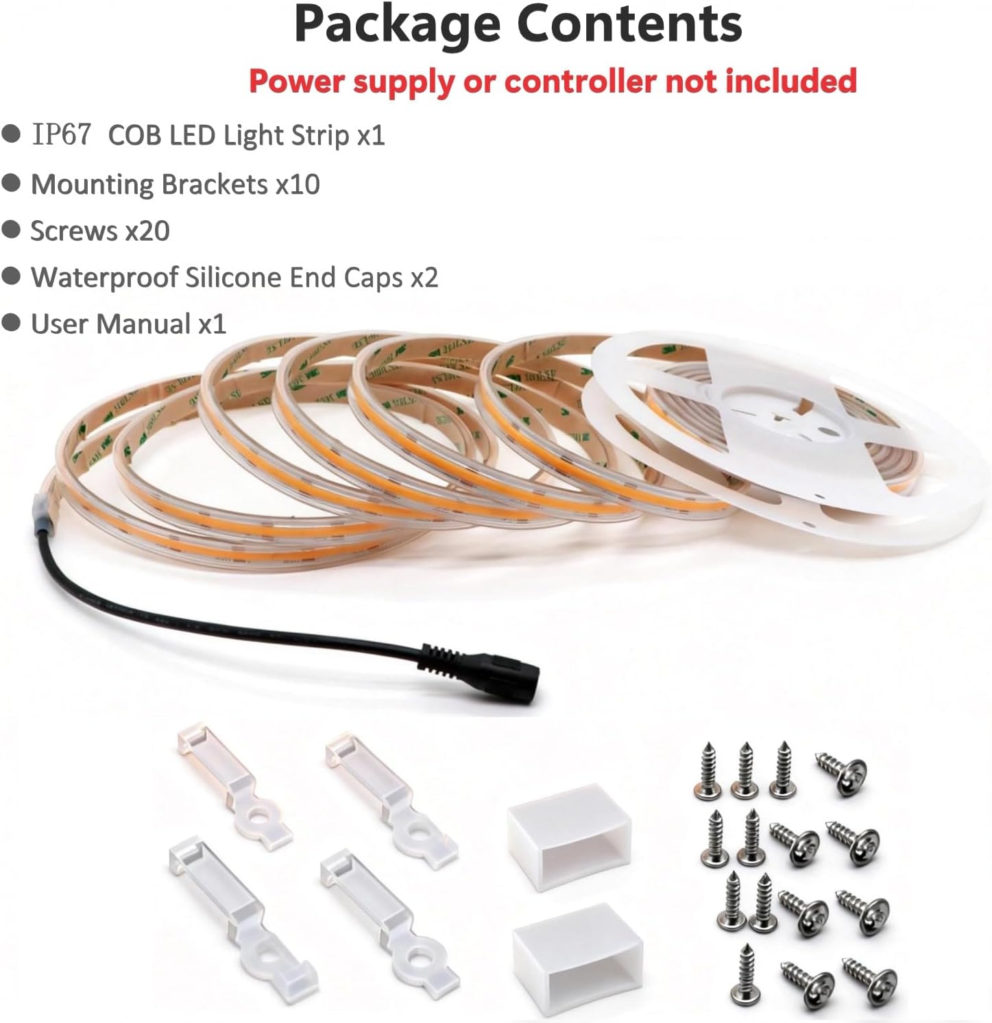 COB LED Light Strip Waterproof IP67, 16.4ft 480 LEDs/m CRI>90 12V 6000K Dotless High Density Outdoor LED Strip Lights for Indoor&Outdoor, Kitchen Under Cabinet, Bathroom, Patio, Deck (No Power Supply)