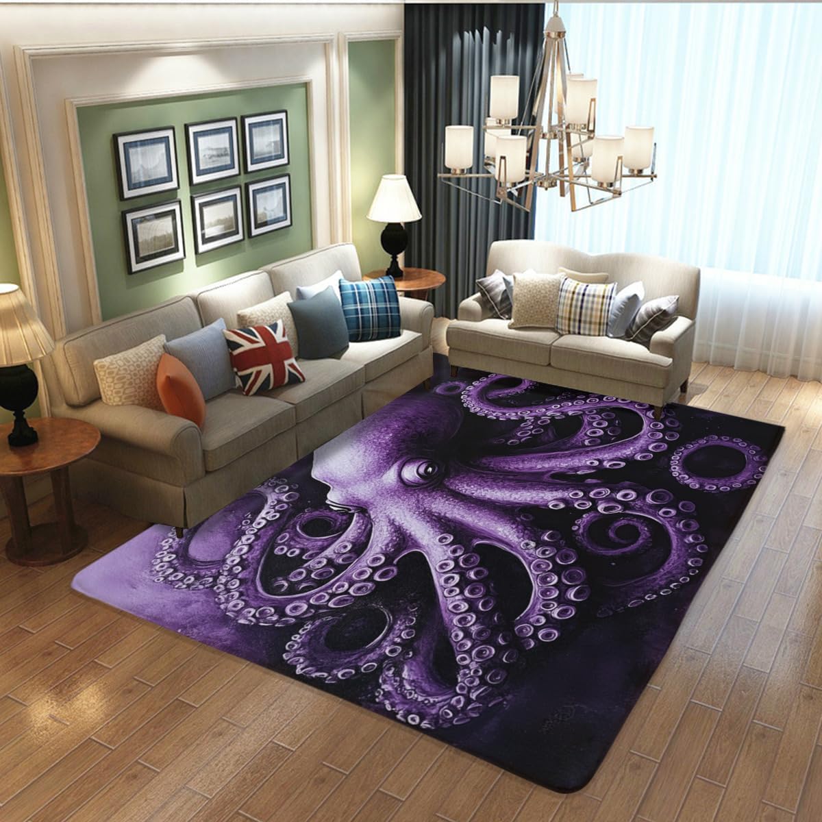 Octopus Area Rugs - Personalized Custom Washable Soft Vintage Octopus Rug, Non-Slip Octopus Bathroom Carpet mat, Vintage Purple Octopus Print Carpet, Pirate Ocean Theme Decorative Carpet 24x36inch