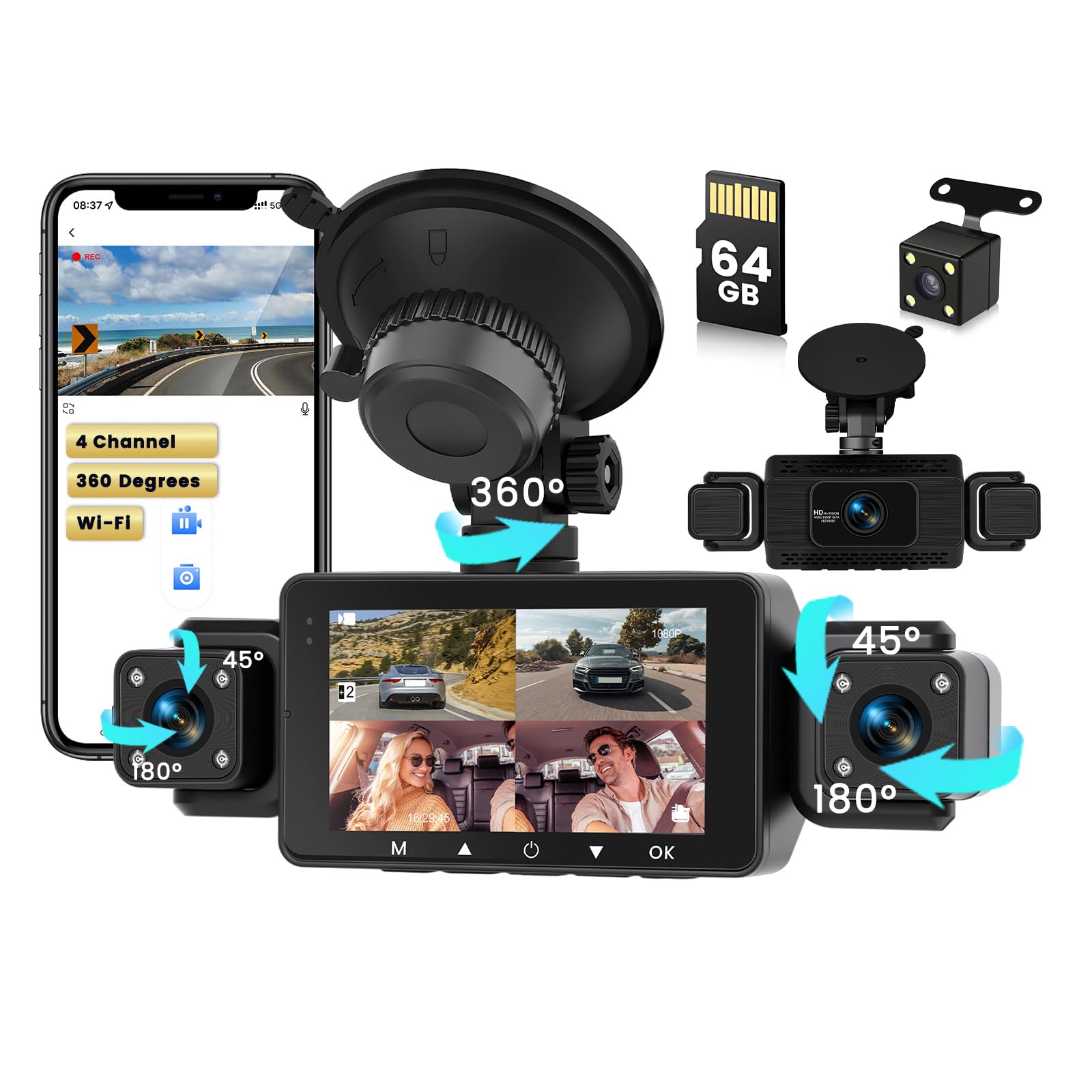 Inefala WiFi Dashcam Voiture 360 Degré, 4 Canaux Dash Cam Avant Arrière Droite et Gauche avec Carte SD 64G, Enregistrement en Boucle G-Sensor Vision Nocturne Surveillance du Stationnement