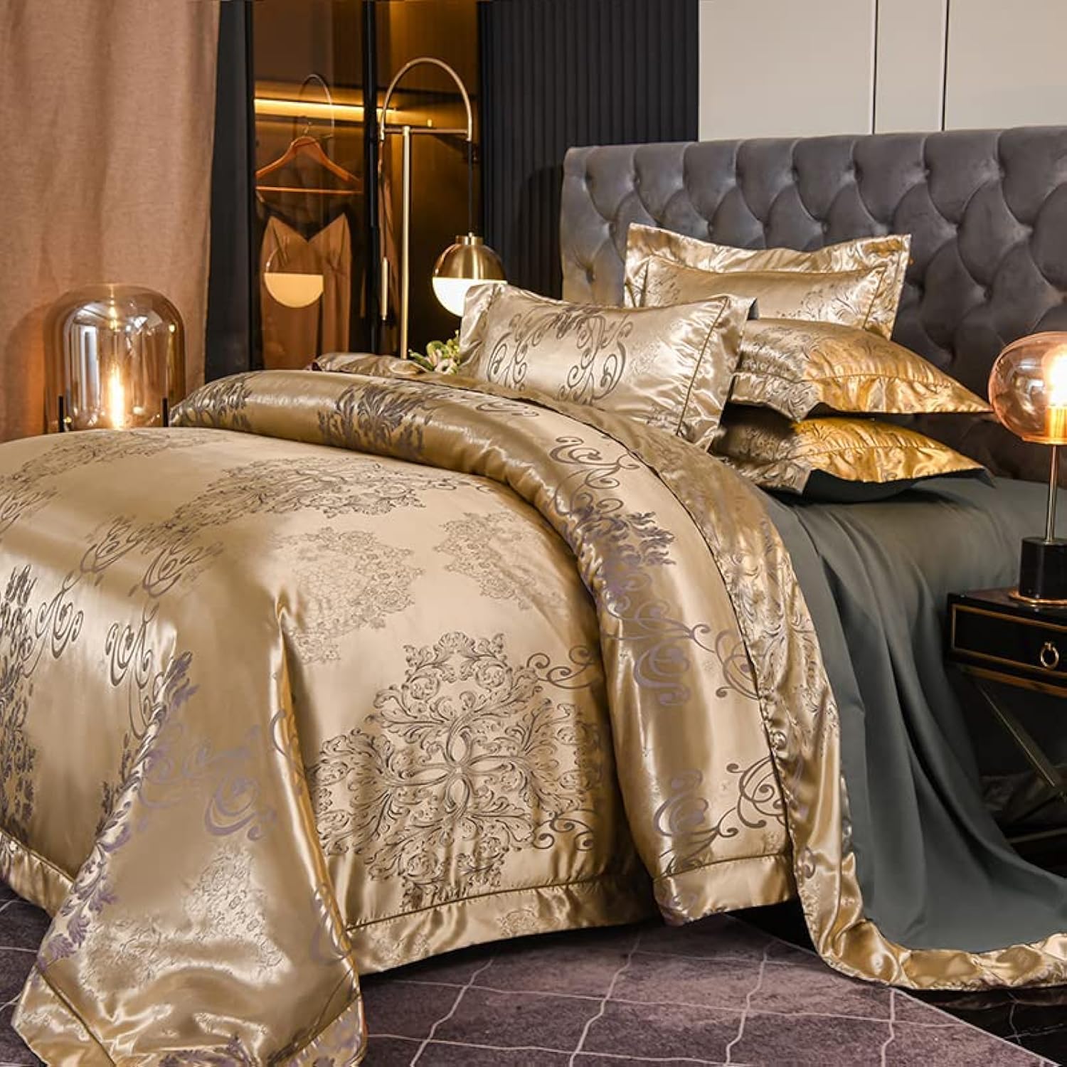 Satin Bettwäsche Gold 135 x 200 4teilig Blumenmuster Jacquard Barock Microfaser Champagner Blumen Bettwäsche Angenehme Kühlende Bettbezüge mit Reißverschluss und 2 Kissenbezüge 80 × 80 cm