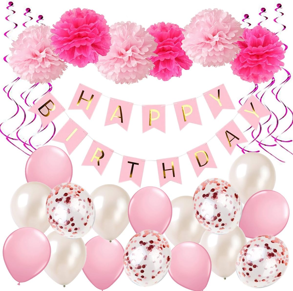 Happy Birthday Banner Decorations Pink Rose Gold Confetti Balloons Birthday Party Supplies for Girl Baby Women